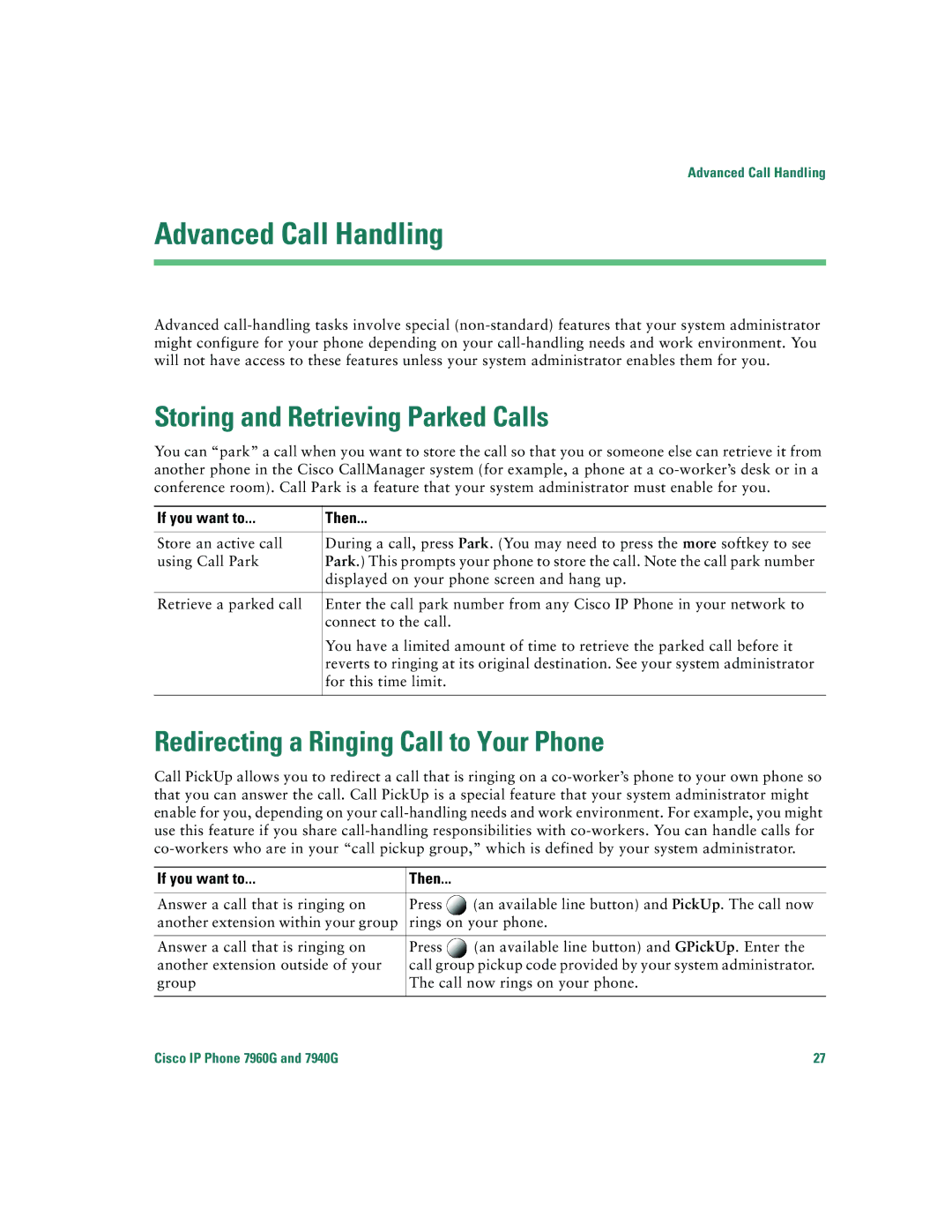 Cisco Systems 7940G Advanced Call Handling, Storing and Retrieving Parked Calls, Redirecting a Ringing Call to Your Phone 