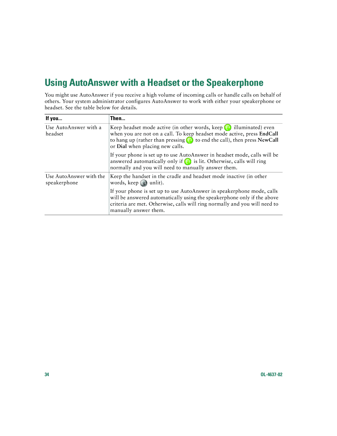 Cisco Systems 7960G, 7940G warranty Using AutoAnswer with a Headset or the Speakerphone 