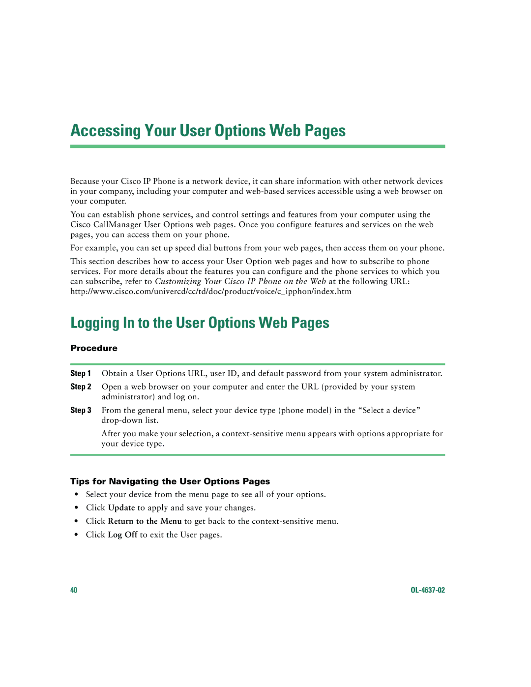 Cisco Systems 7960G, 7940G Accessing Your User Options Web Pages, Logging In to the User Options Web Pages, Procedure 