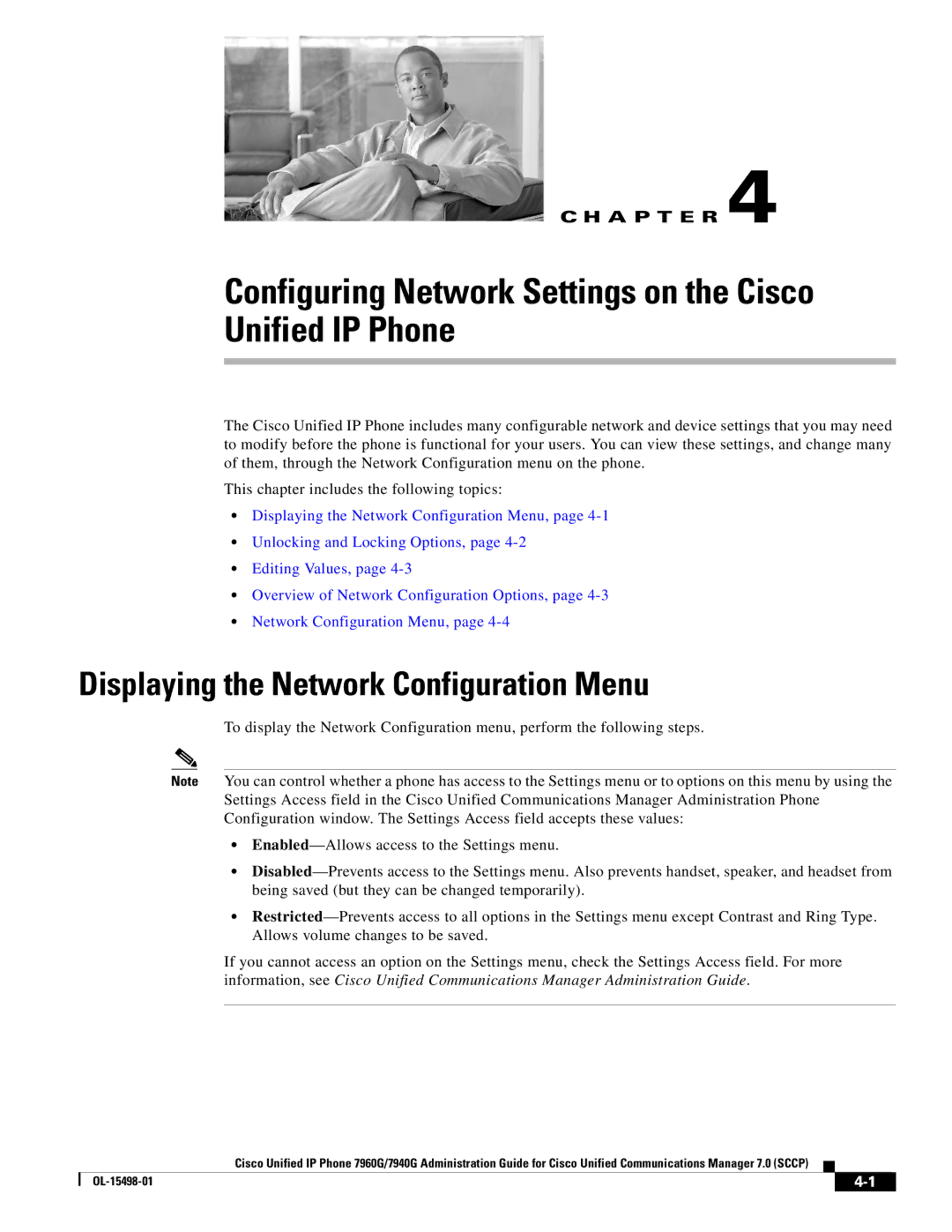 Cisco Systems 7940G, 7960G manual Configuring Network Settings on the Cisco Unified IP Phone 