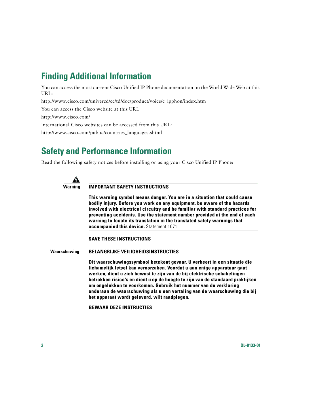 Cisco Systems 7960G warranty Finding Additional Information, Safety and Performance Information 