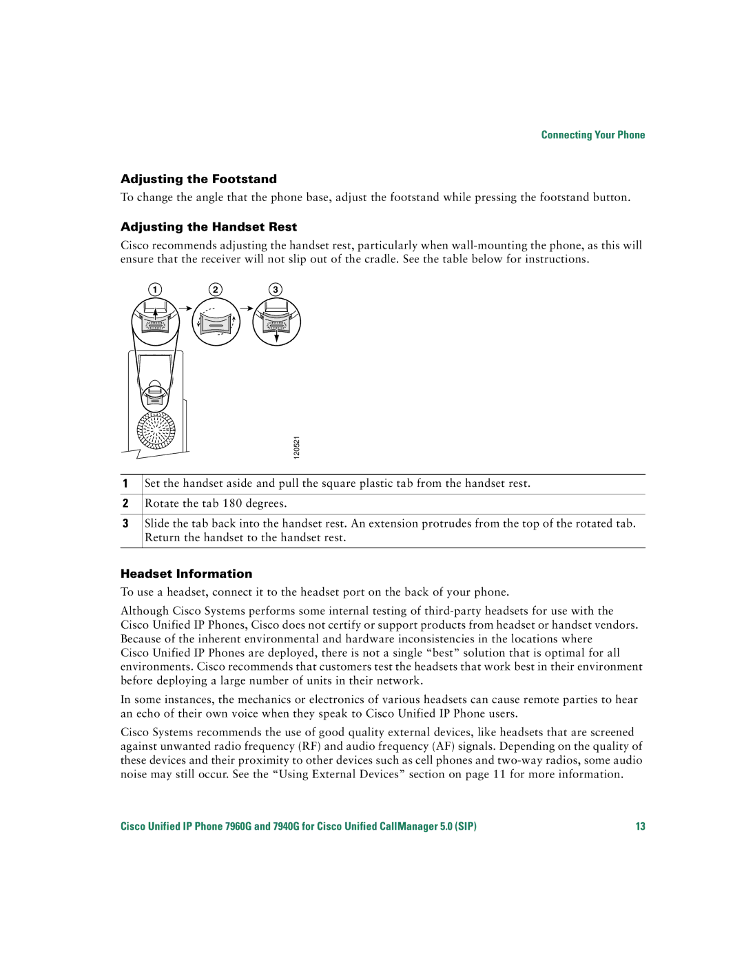 Cisco Systems 7960G warranty Adjusting the Footstand, Adjusting the Handset Rest, Headset Information 