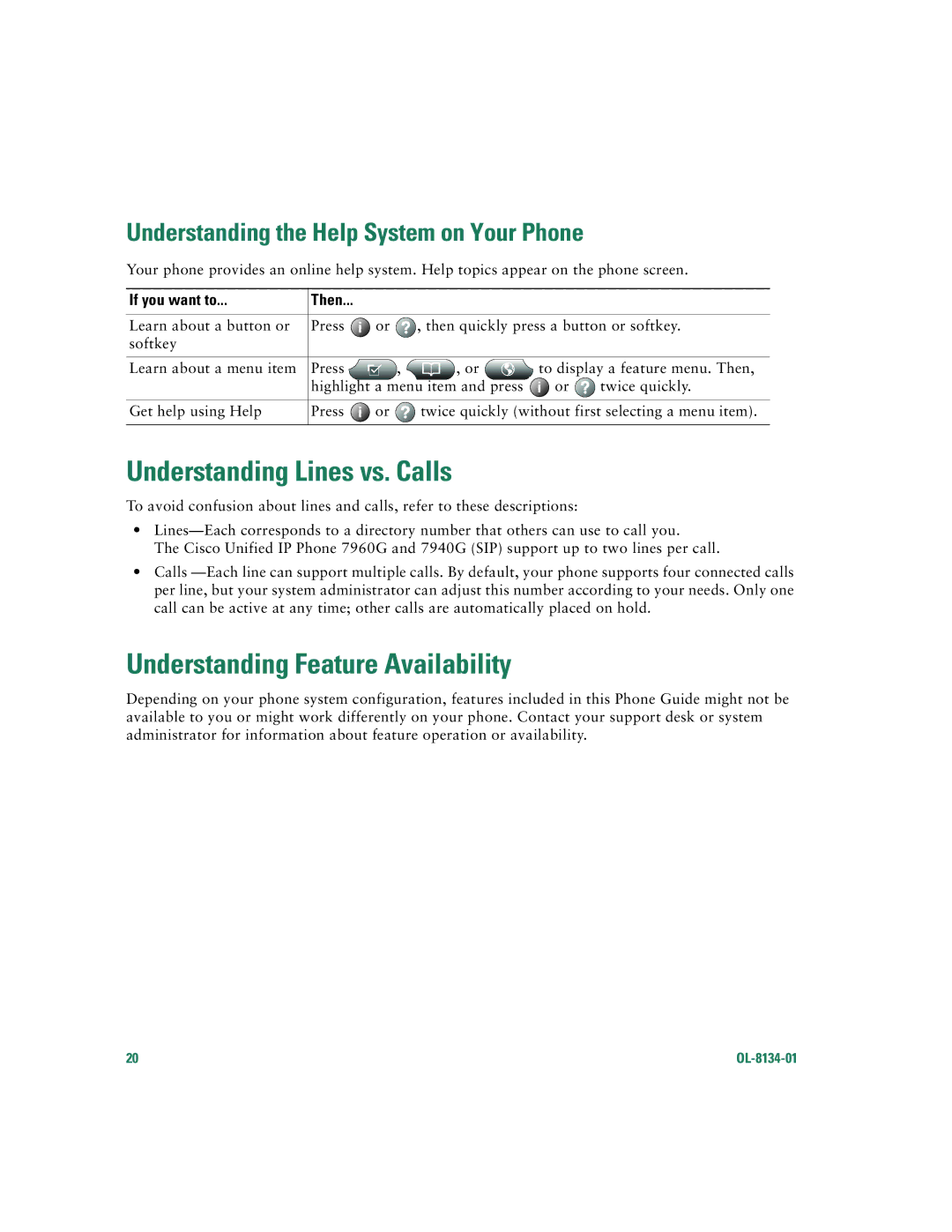 Cisco Systems 7960G warranty Understanding Lines vs. Calls, Understanding Feature Availability, If you want to 