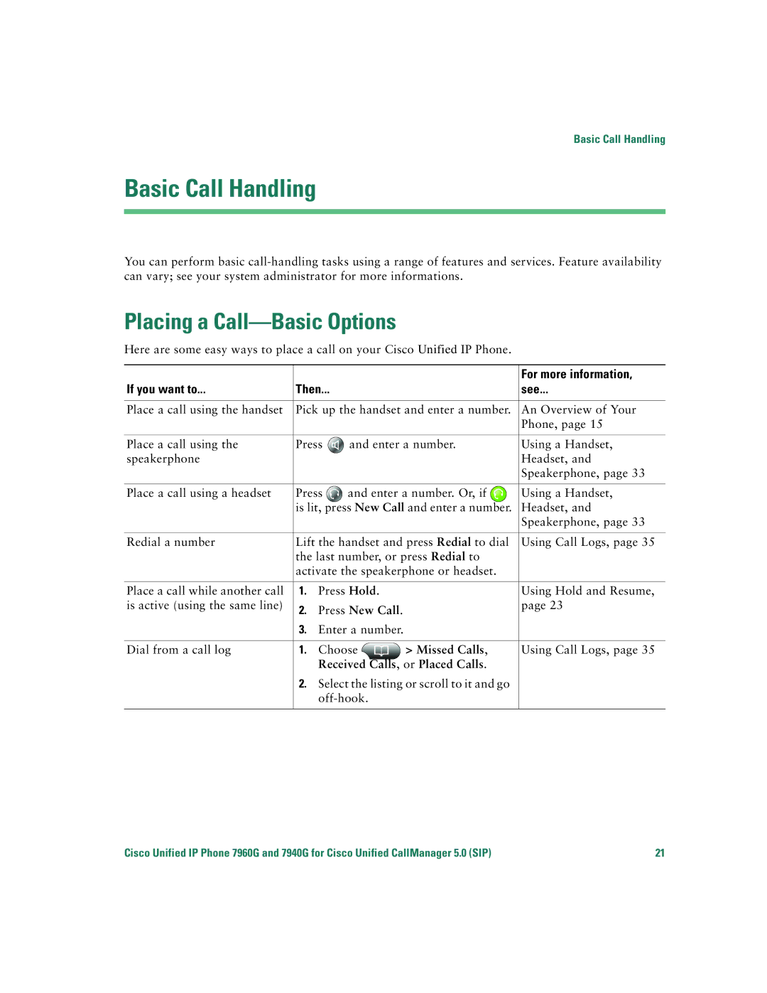 Cisco Systems 7960G Basic Call Handling, Placing a Call-Basic Options, For more information, If you want to Then See 