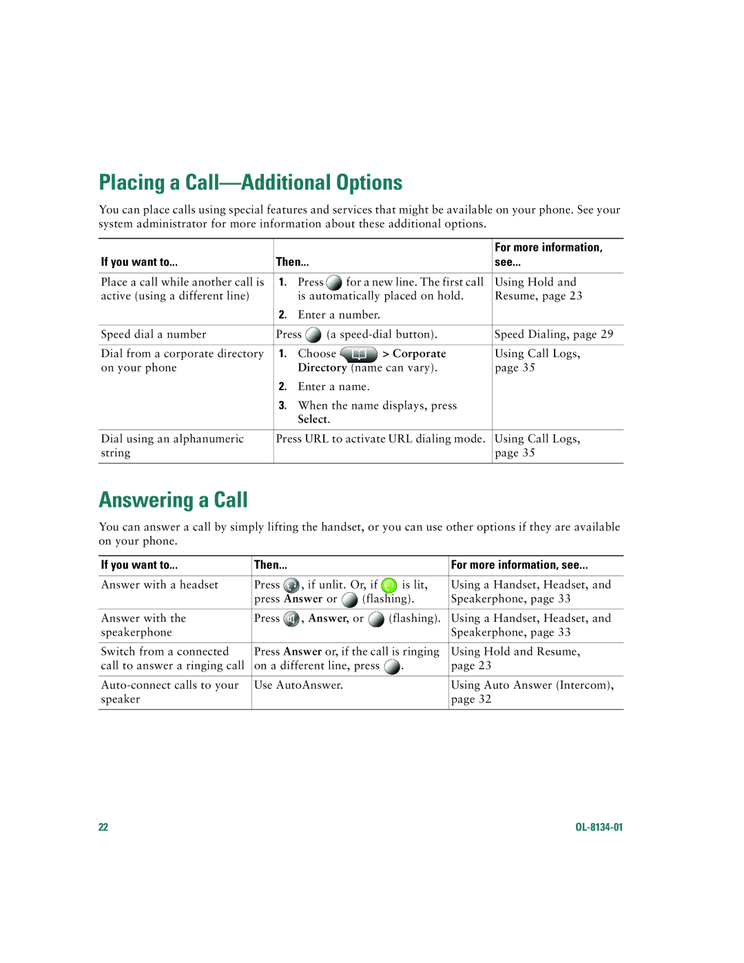 Cisco Systems 7960G warranty Placing a Call-Additional Options, Answering a Call, Corporate, Select 