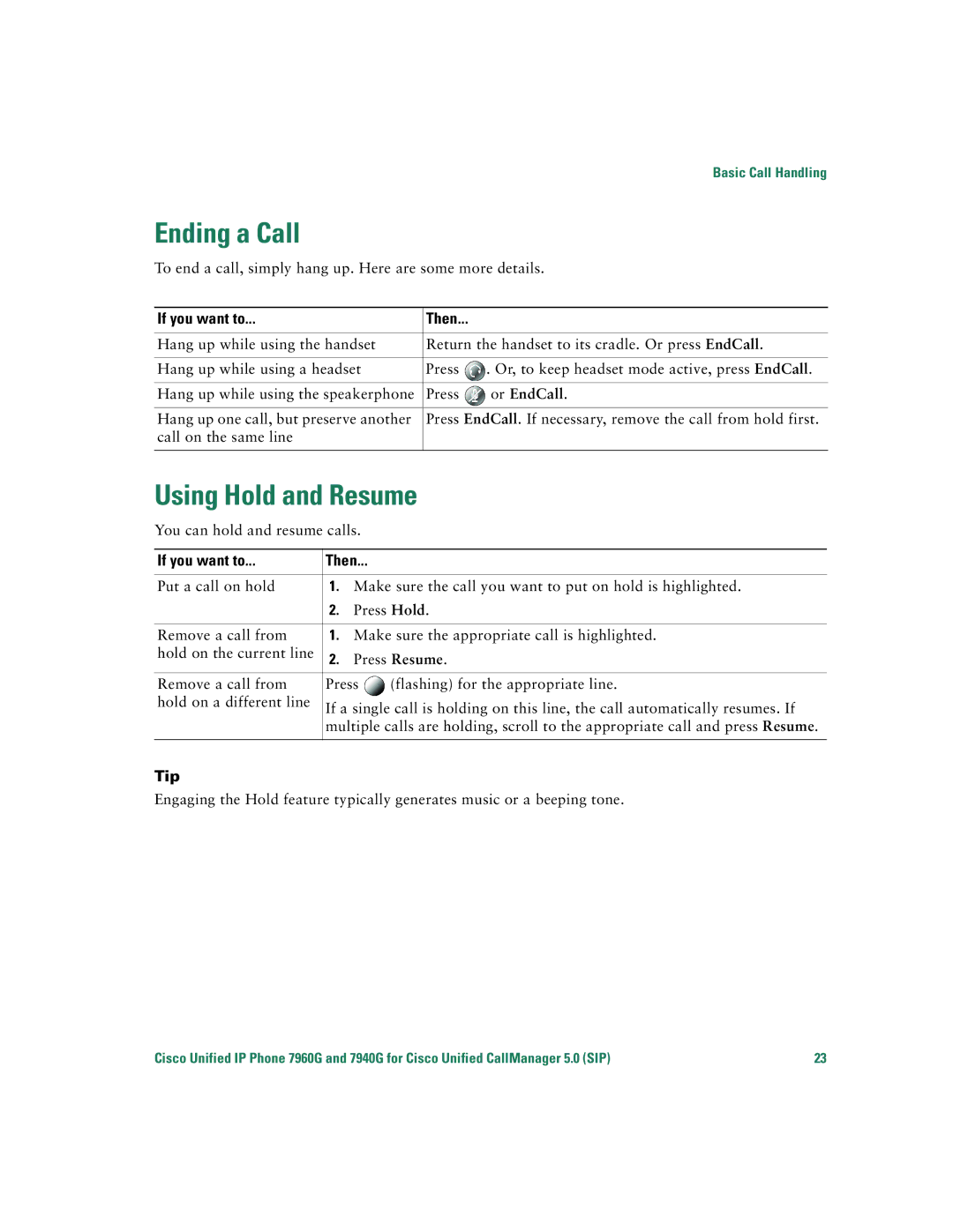 Cisco Systems 7960G warranty Ending a Call, Using Hold and Resume, Or EndCall, Tip 