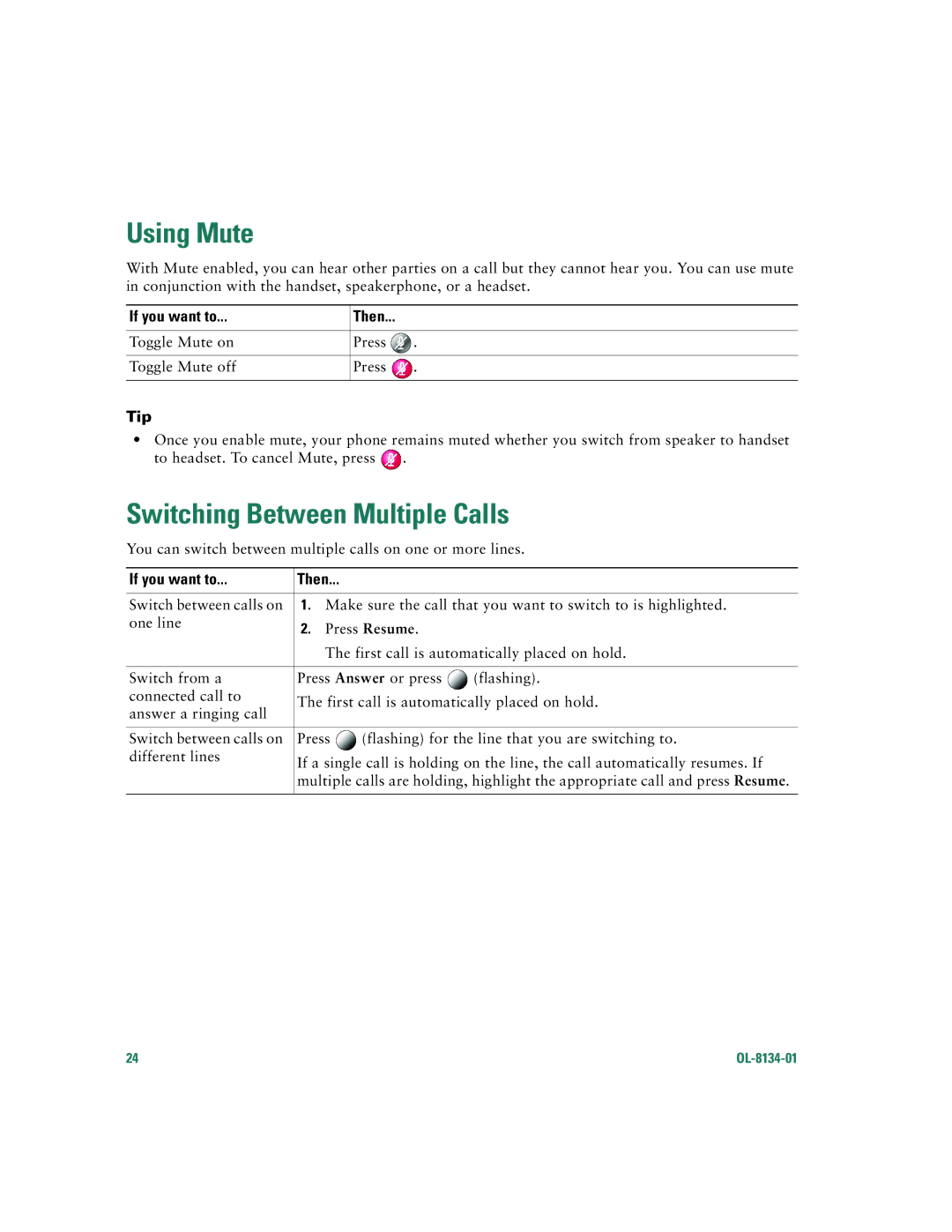 Cisco Systems 7960G warranty Using Mute, Switching Between Multiple Calls 