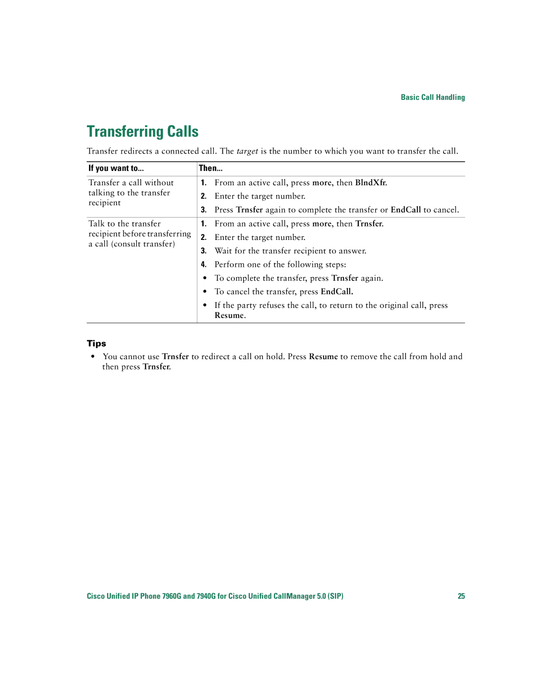 Cisco Systems 7960G warranty Transferring Calls, Resume, Tips 