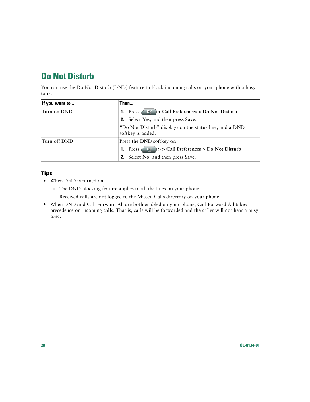 Cisco Systems 7960G warranty Call Preferences Do Not Disturb 