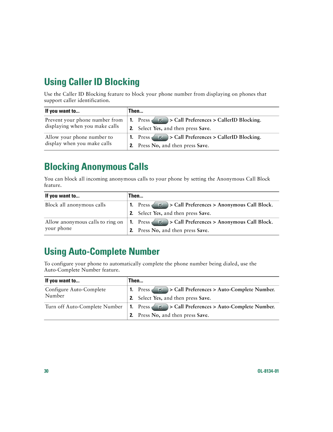 Cisco Systems 7960G warranty Using Caller ID Blocking, Blocking Anonymous Calls, Using Auto-Complete Number 