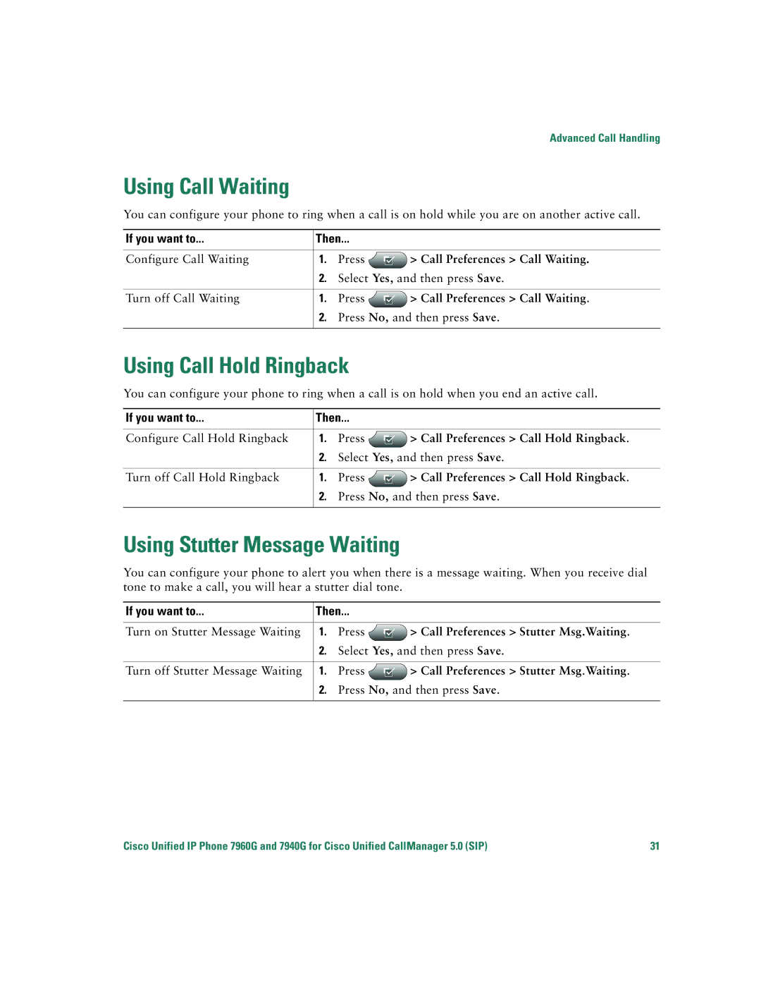 Cisco Systems 7960G warranty Using Call Waiting, Using Call Hold Ringback, Using Stutter Message Waiting 