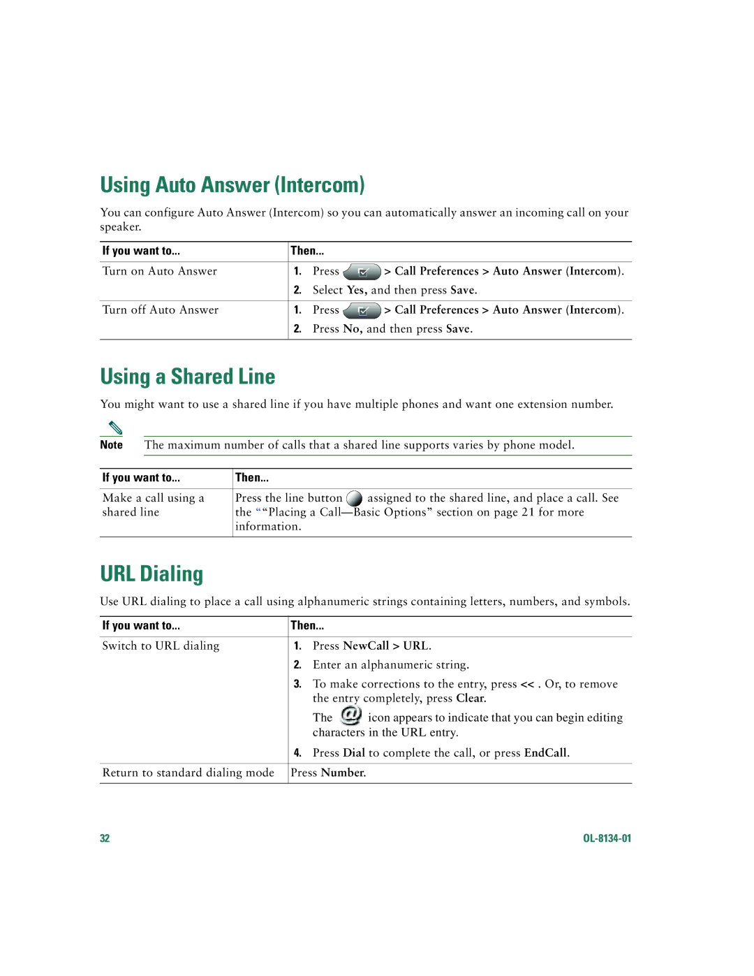 Cisco Systems 7960G Using Auto Answer Intercom, Using a Shared Line, URL Dialing, Call Preferences Auto Answer Intercom 