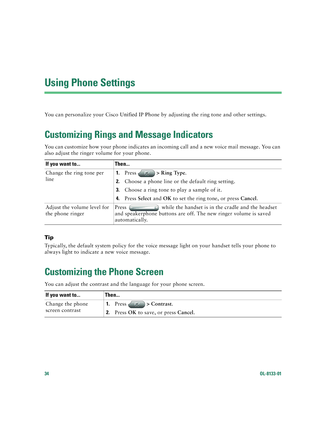 Cisco Systems 7960G Using Phone Settings, Customizing Rings and Message Indicators, Customizing the Phone Screen, Contrast 