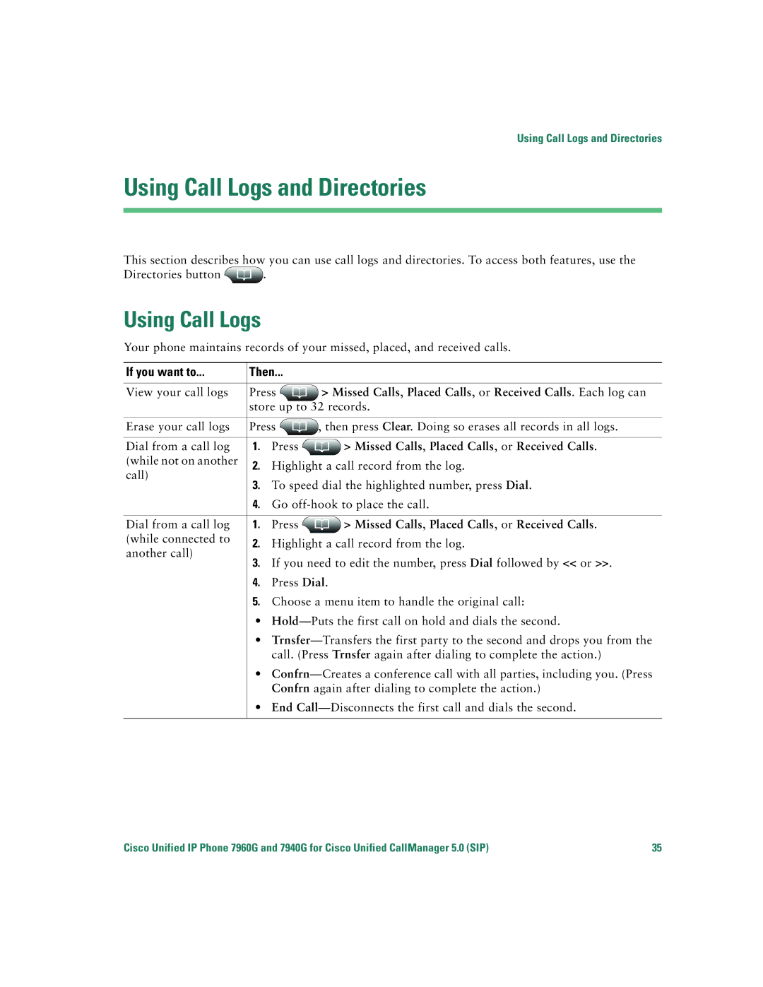 Cisco Systems 7960G warranty Using Call Logs and Directories, Missed Calls, Placed Calls, or Received Calls. Each log can 