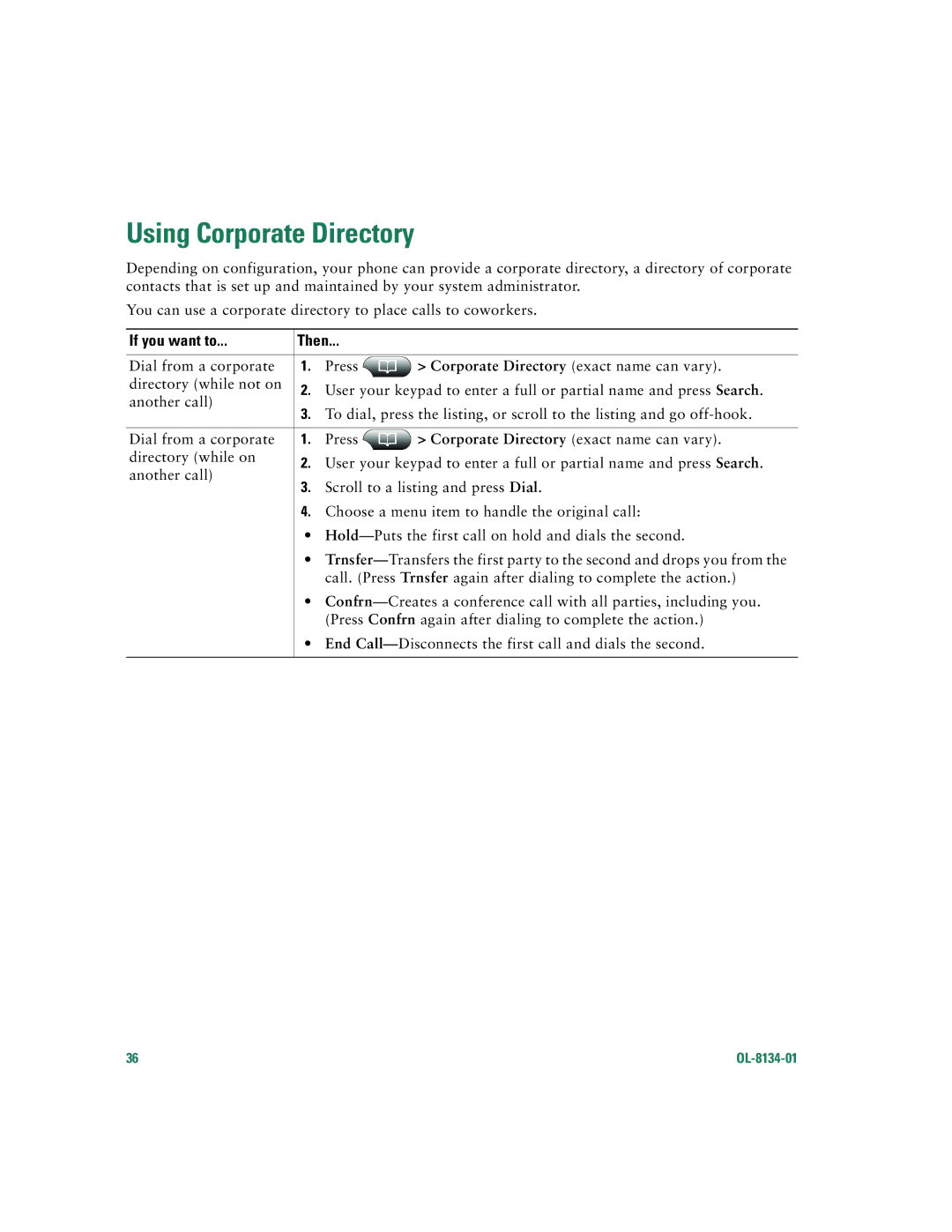 Cisco Systems 7960G warranty Using Corporate Directory, Corporate Directory exact name can vary 