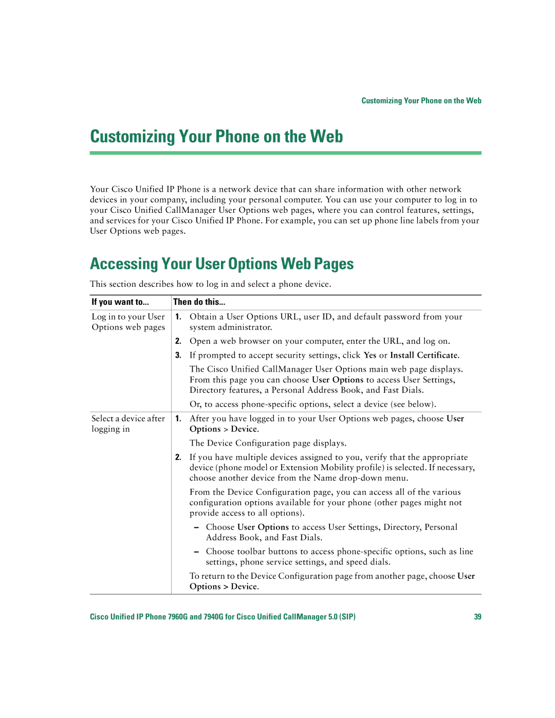 Cisco Systems 7960G Customizing Your Phone on the Web, Accessing Your User Options Web Pages, If you want to Then do this 