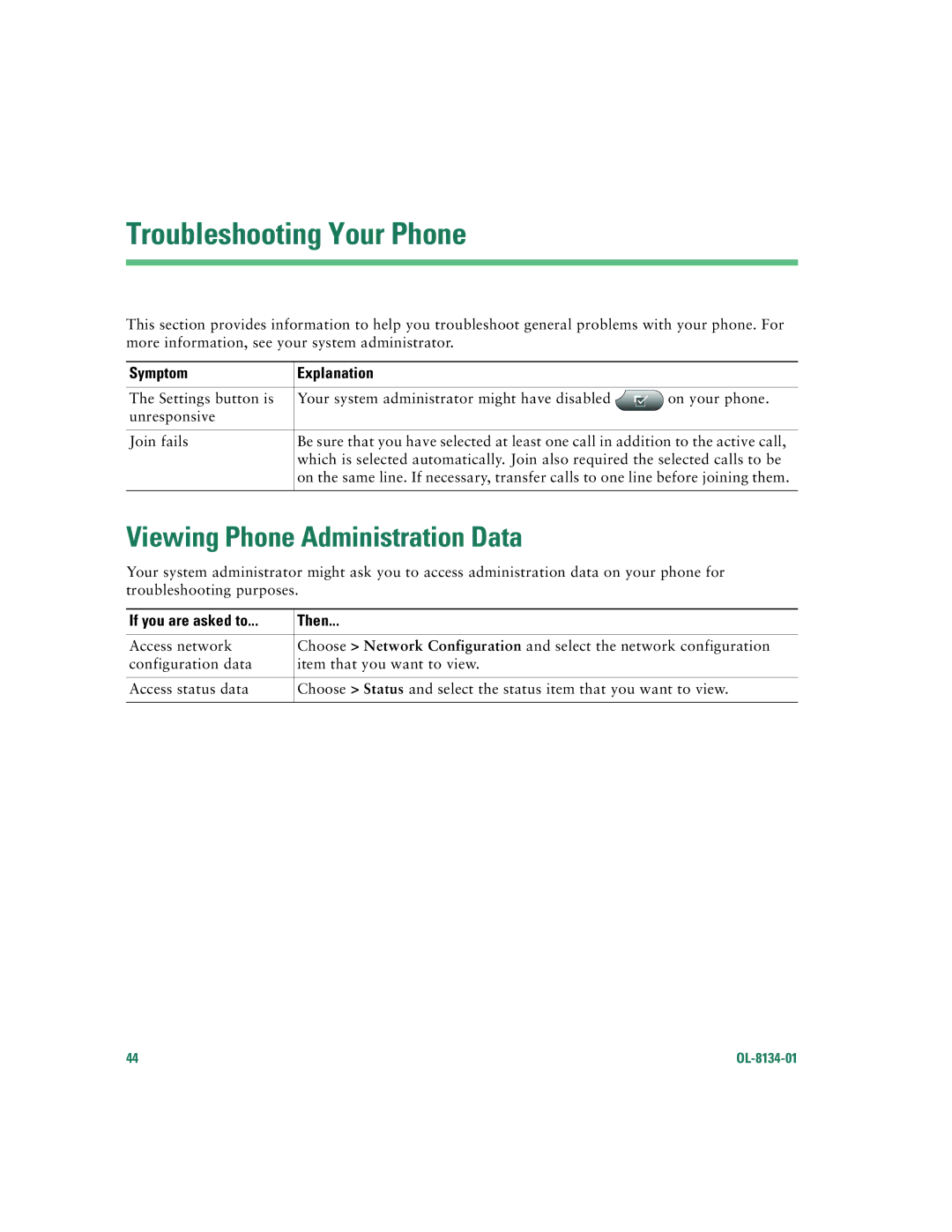 Cisco Systems 7960G warranty Troubleshooting Your Phone, Viewing Phone Administration Data, Symptom Explanation 