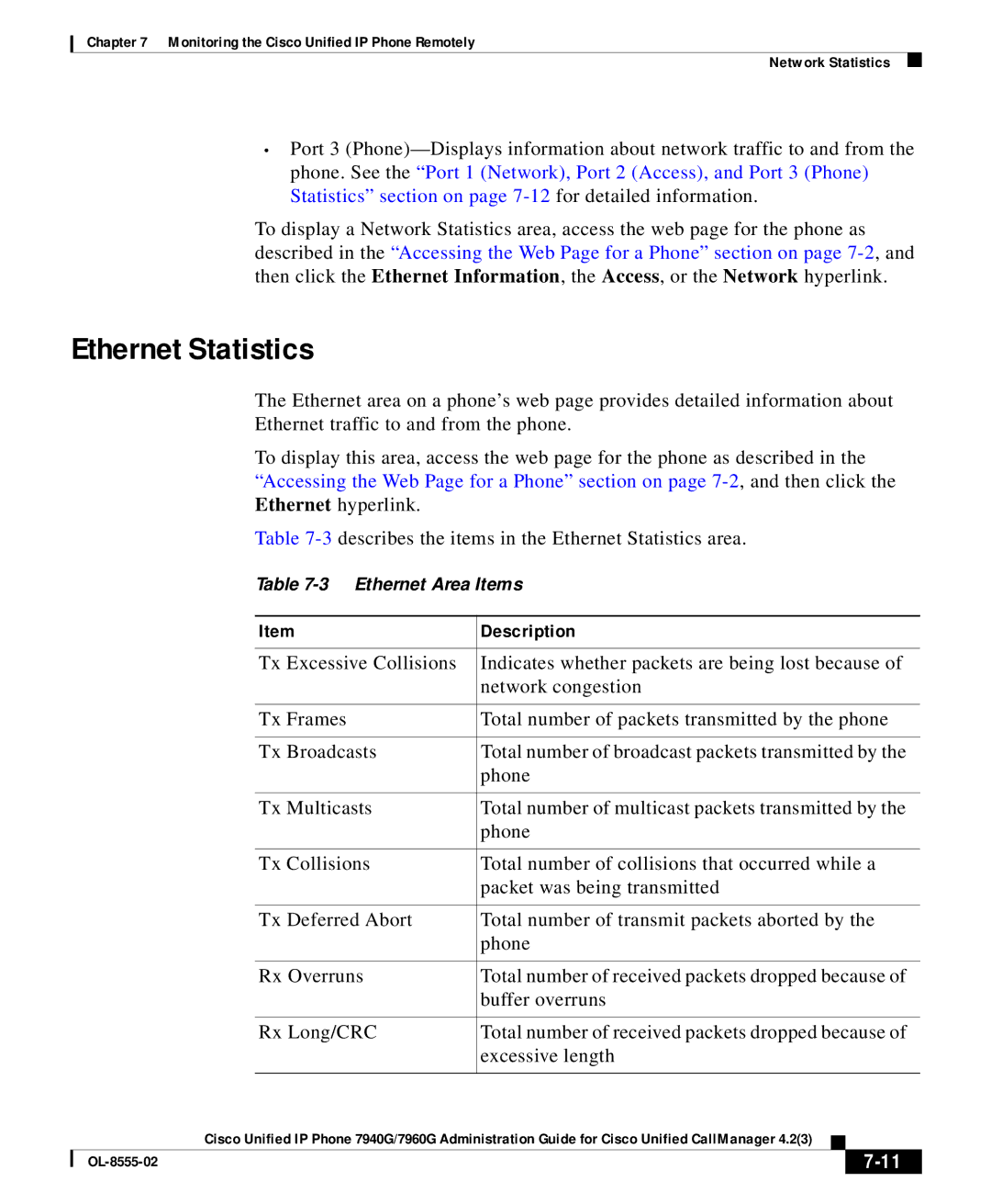 Cisco Systems 7960G manual Ethernet Statistics 