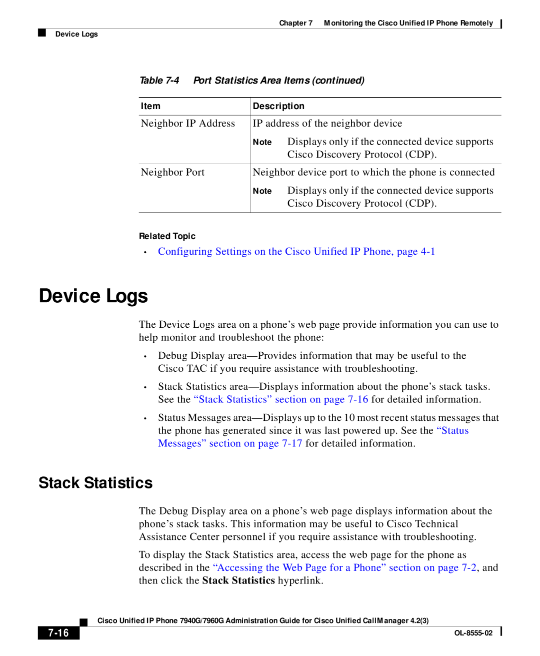 Cisco Systems 7960G manual Device Logs, Stack Statistics 