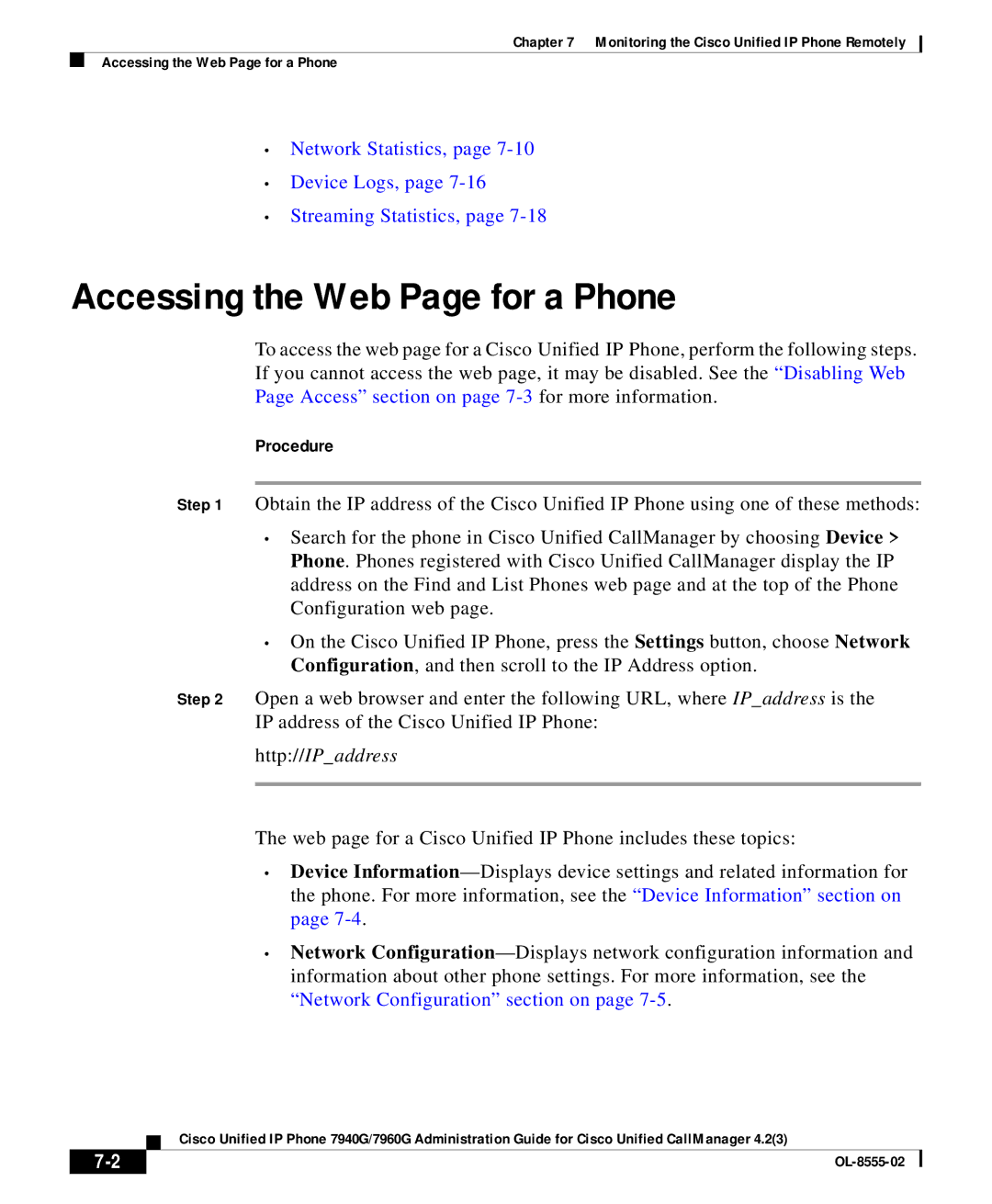 Cisco Systems 7960G manual Accessing the Web Page for a Phone, Procedure 