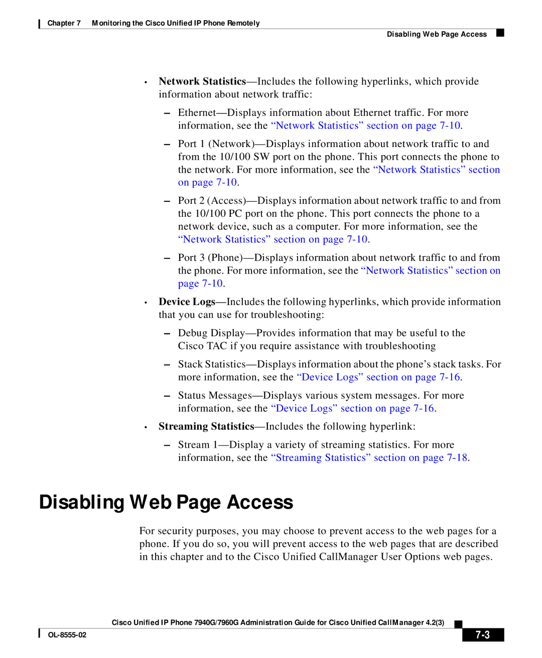 Cisco Systems 7960G manual Disabling Web Page Access 