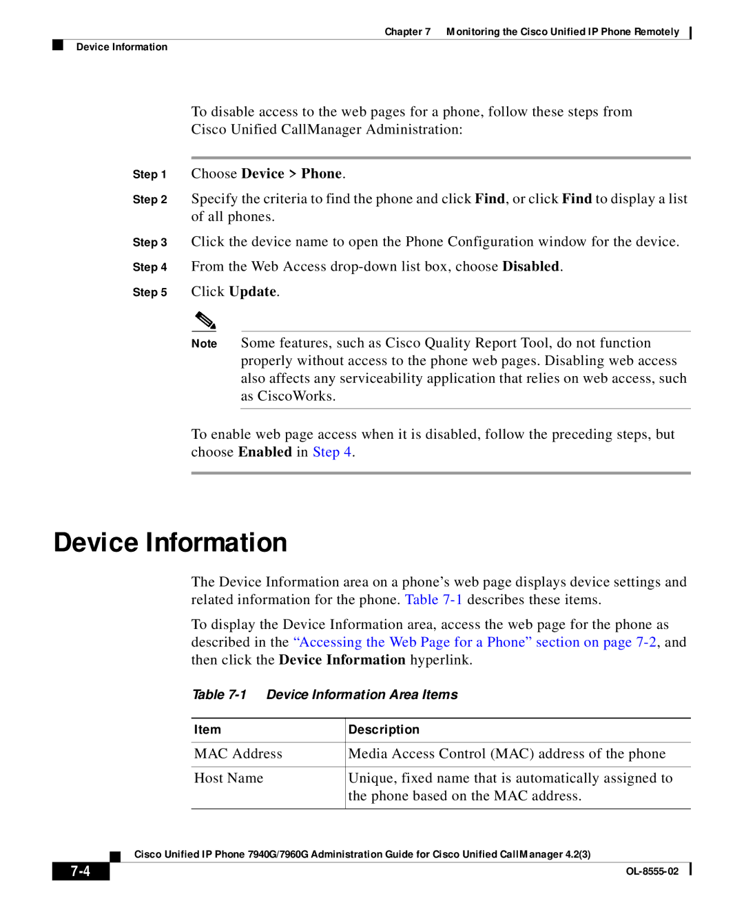 Cisco Systems 7960G manual Device Information, Description 