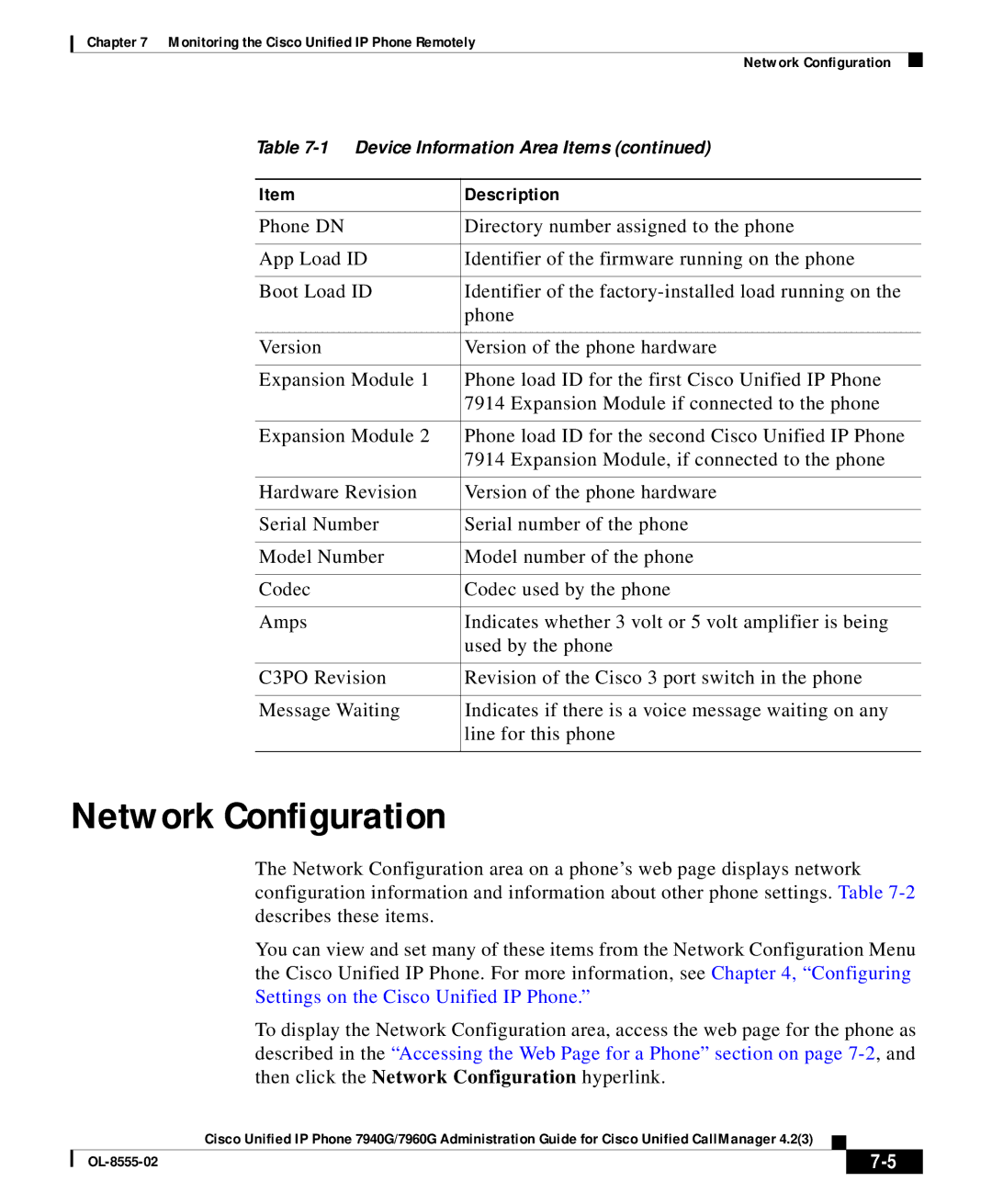 Cisco Systems 7960G manual Network Configuration 