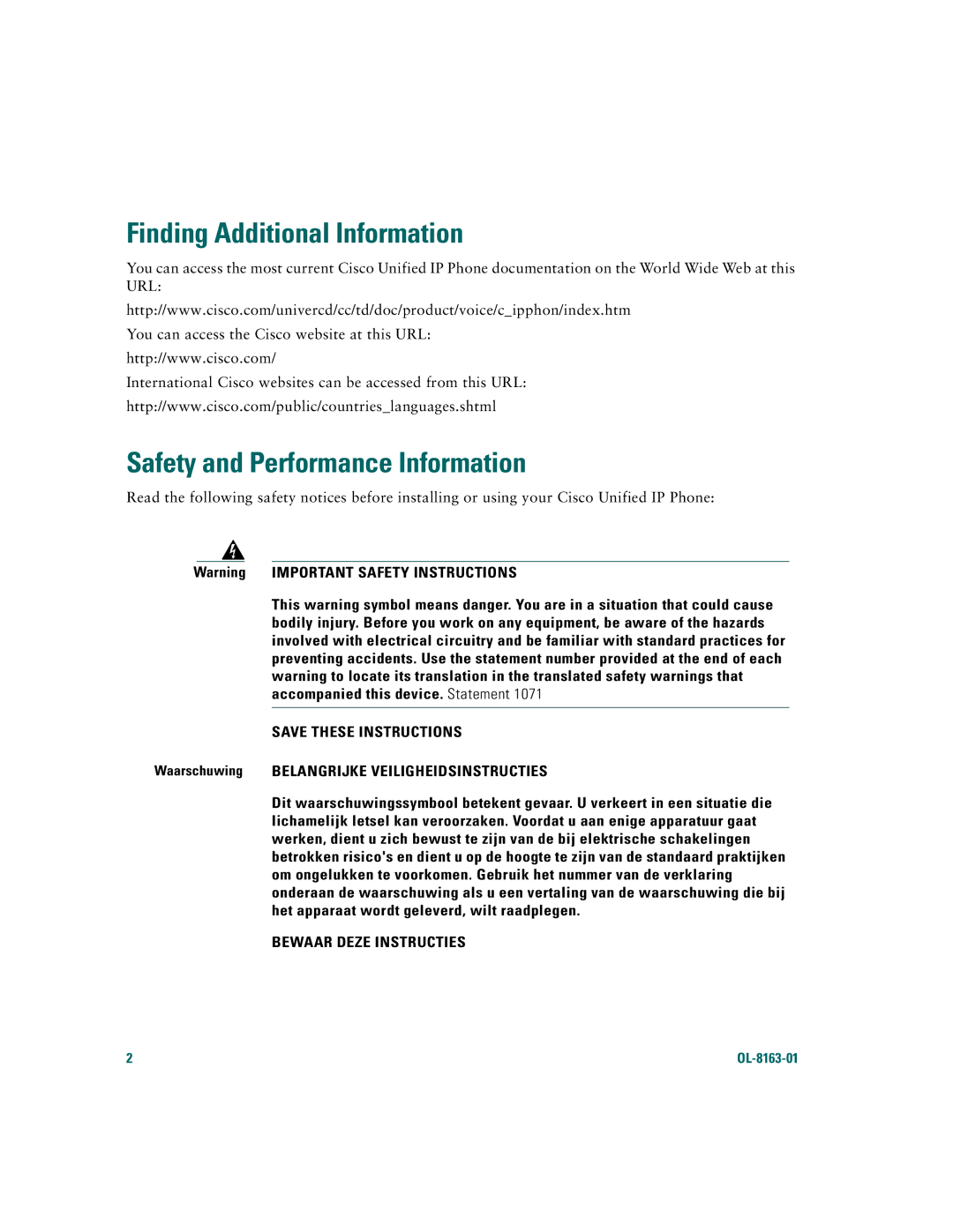 Cisco Systems 7961G/7961G-GE, 7941G/7941G-GE warranty Finding Additional Information, Safety and Performance Information 