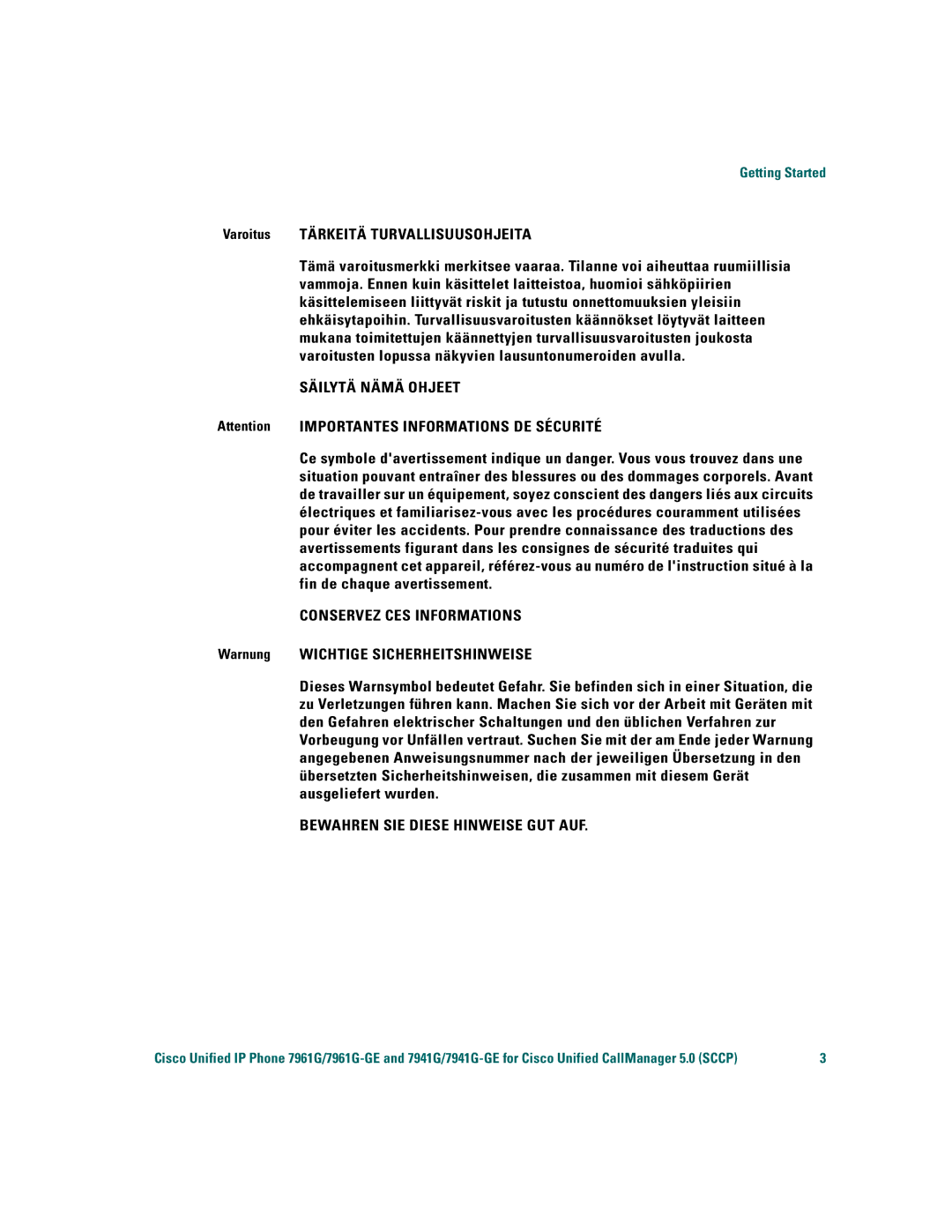 Cisco Systems 7941G/7941G-GE, 7961G/7961G-GE Varoitus Tärkeitä Turvallisuusohjeita, Warnung Wichtige Sicherheitshinweise 