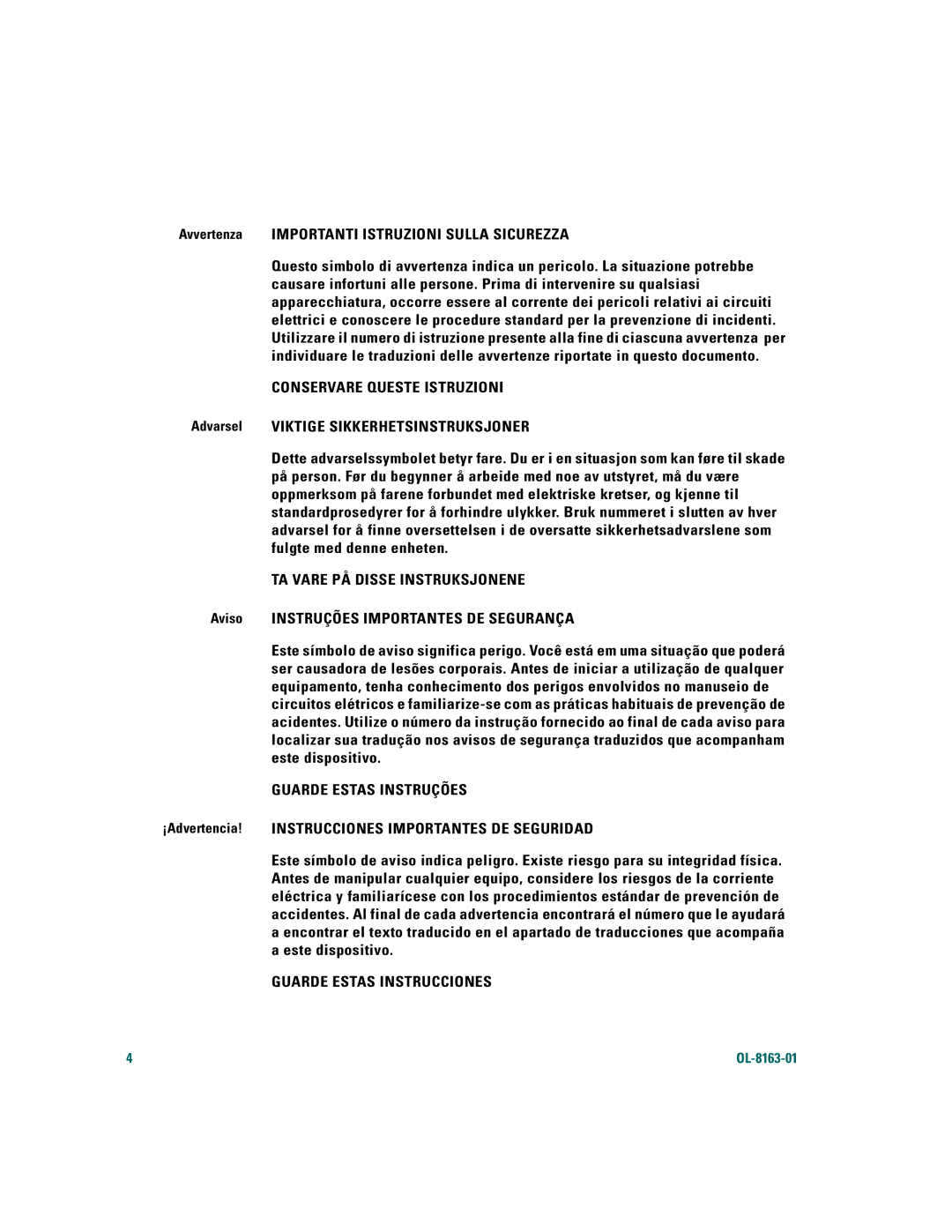 Cisco Systems 7961G/7961G-GE Avvertenza Importanti Istruzioni Sulla Sicurezza, Aviso Instruções Importantes DE Segurança 