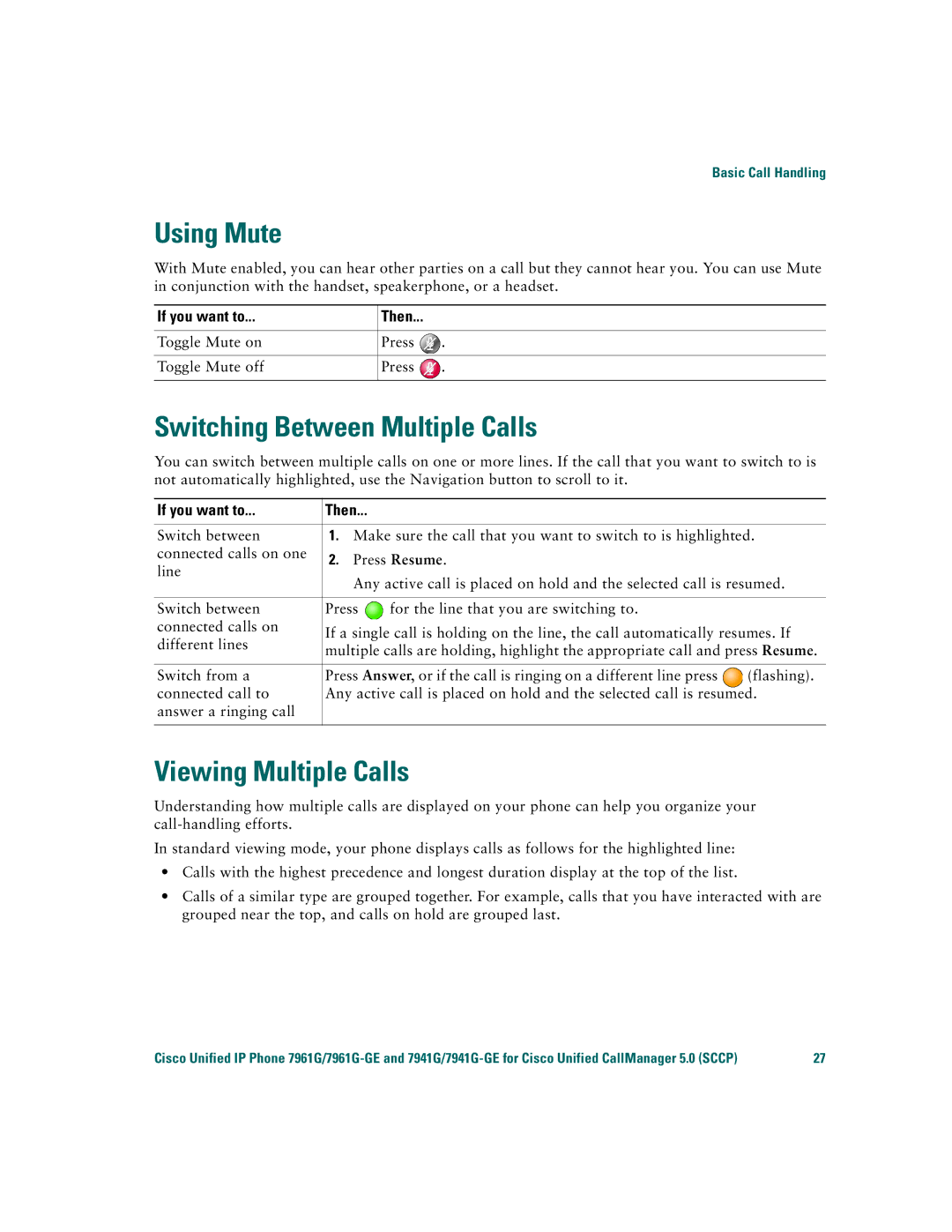 Cisco Systems 7941G/7941G-GE, 7961G/7961G-GE warranty Using Mute, Switching Between Multiple Calls, Viewing Multiple Calls 