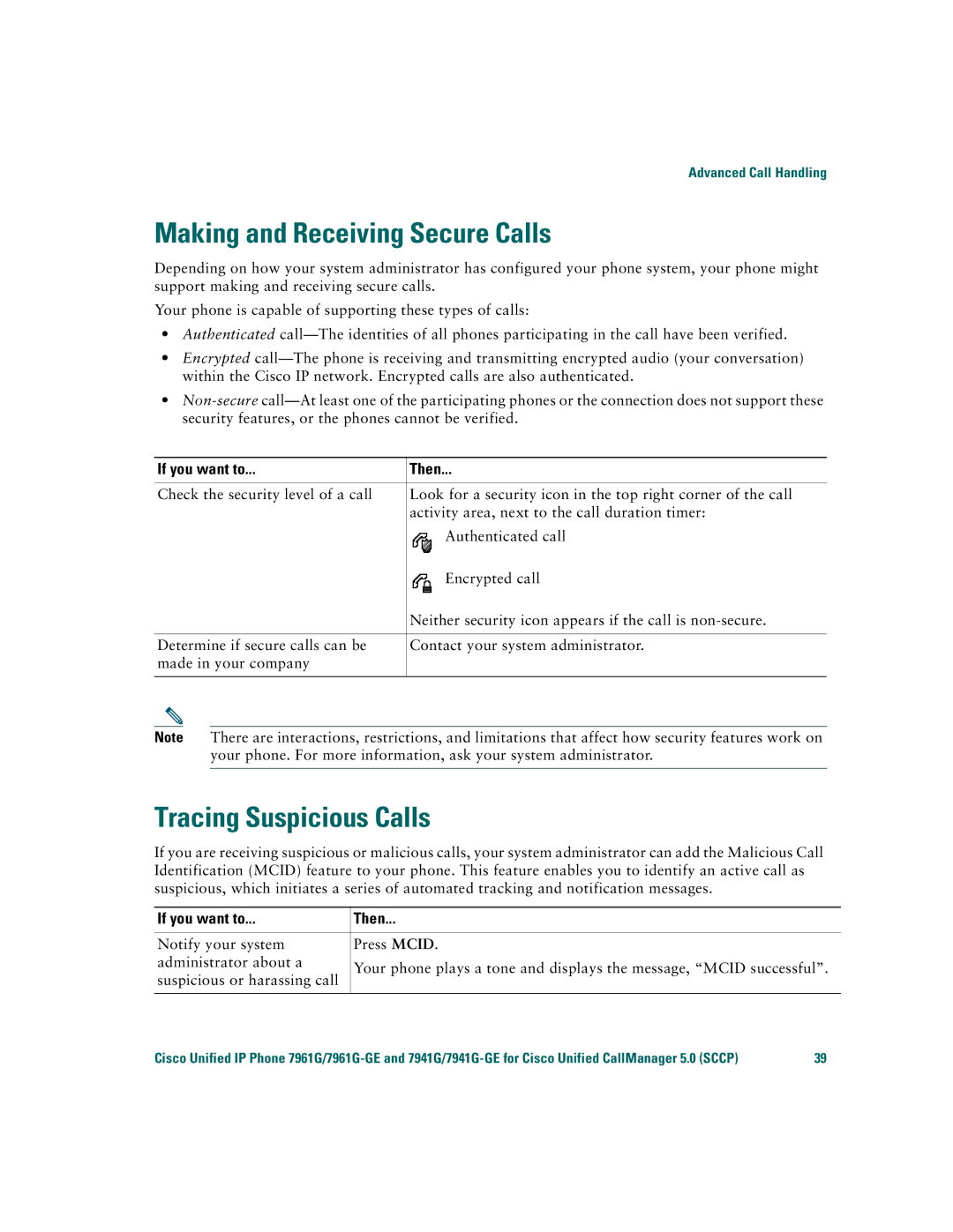 Cisco Systems 7941G/7941G-GE, 7961G/7961G-GE warranty Making and Receiving Secure Calls, Tracing Suspicious Calls 