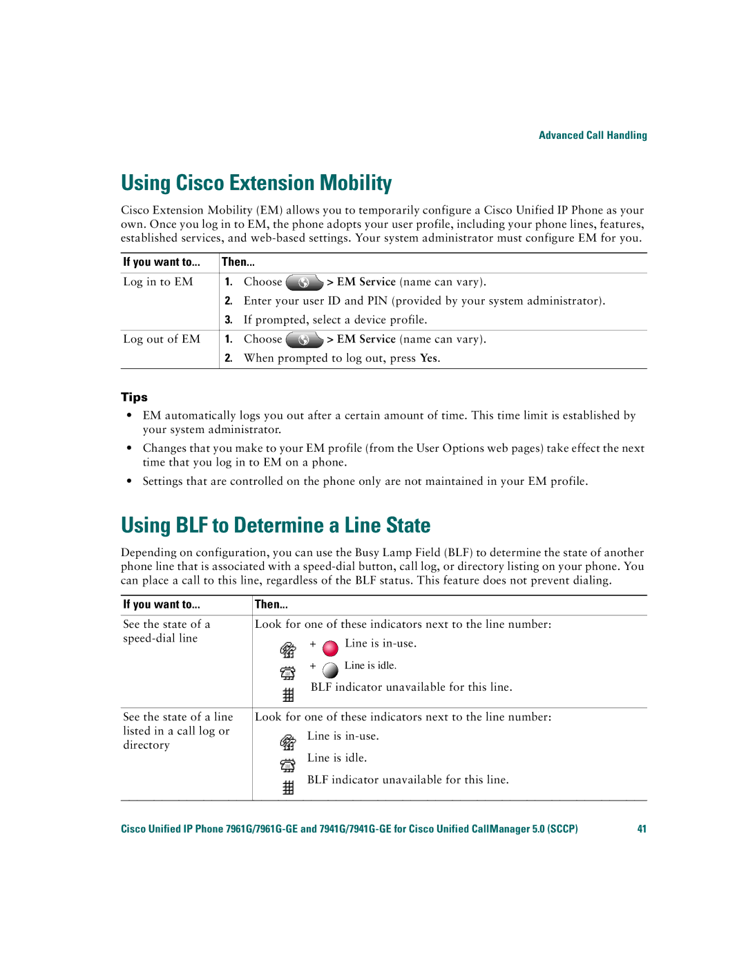 Cisco Systems 7941G/7941G-GE, 7961G/7961G-GE warranty Using Cisco Extension Mobility, Using BLF to Determine a Line State 