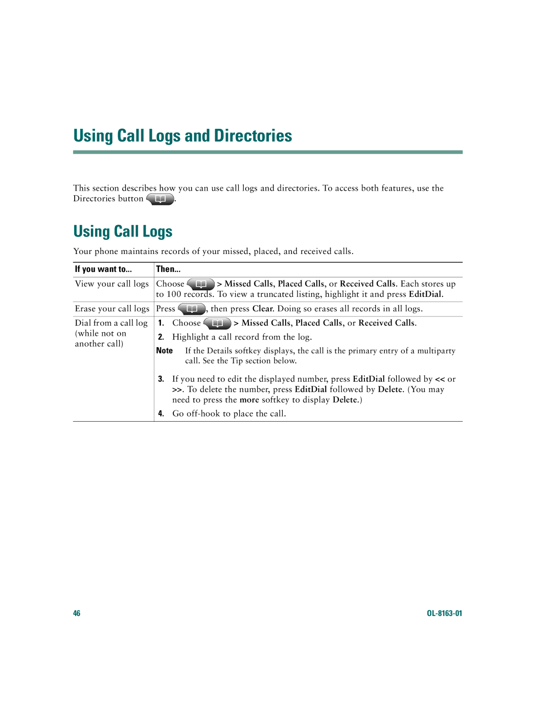 Cisco Systems 7961G/7961G-GE warranty Using Call Logs and Directories, Missed Calls, Placed Calls, or Received Calls 