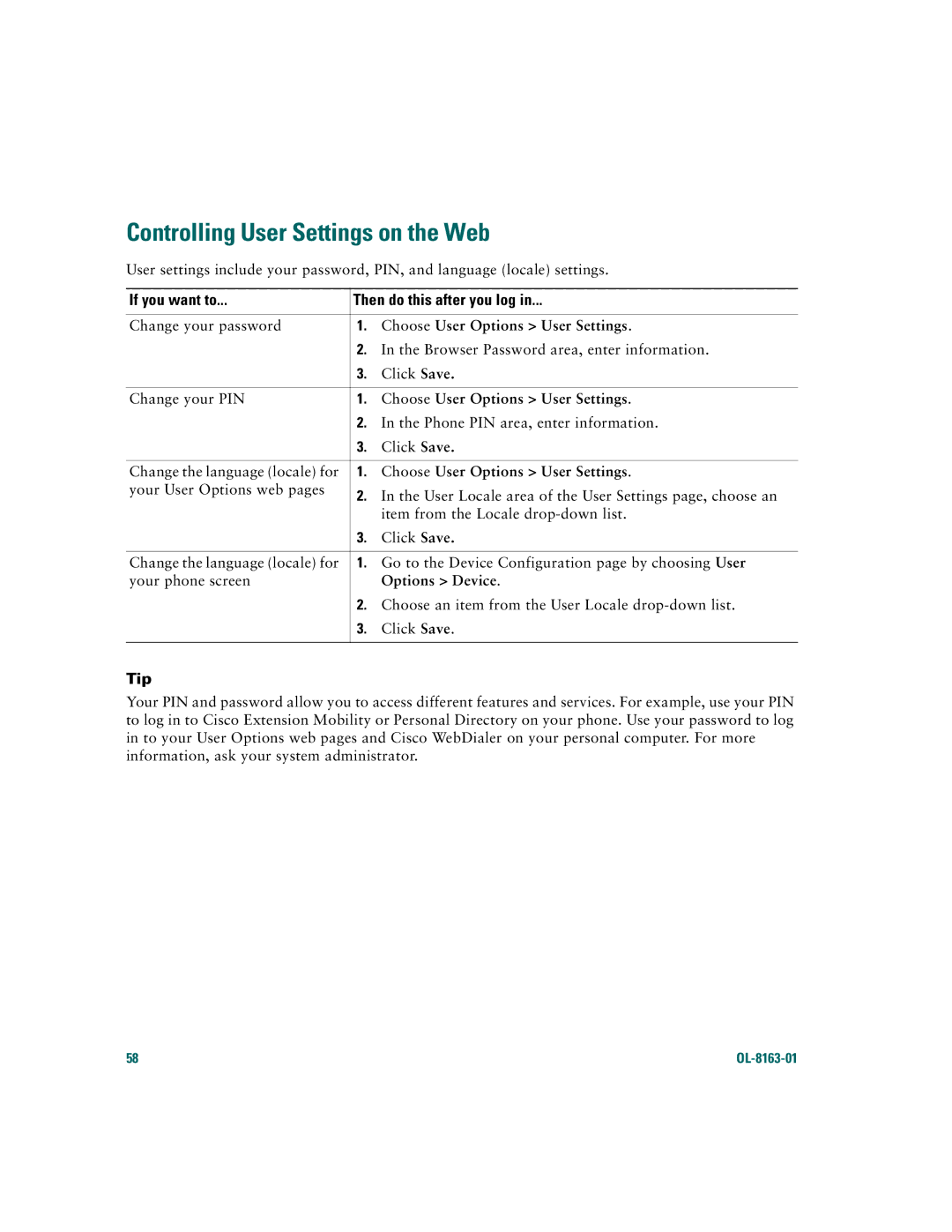 Cisco Systems 7961G/7961G-GE, 7941G/7941G-GE Controlling User Settings on the Web, Choose User Options User Settings 