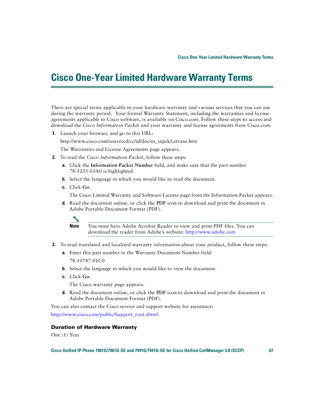 Cisco Systems 7941G/7941G-GE, 7961G/7961G-GE Cisco One-Year Limited Hardware Warranty Terms, Duration of Hardware Warranty 