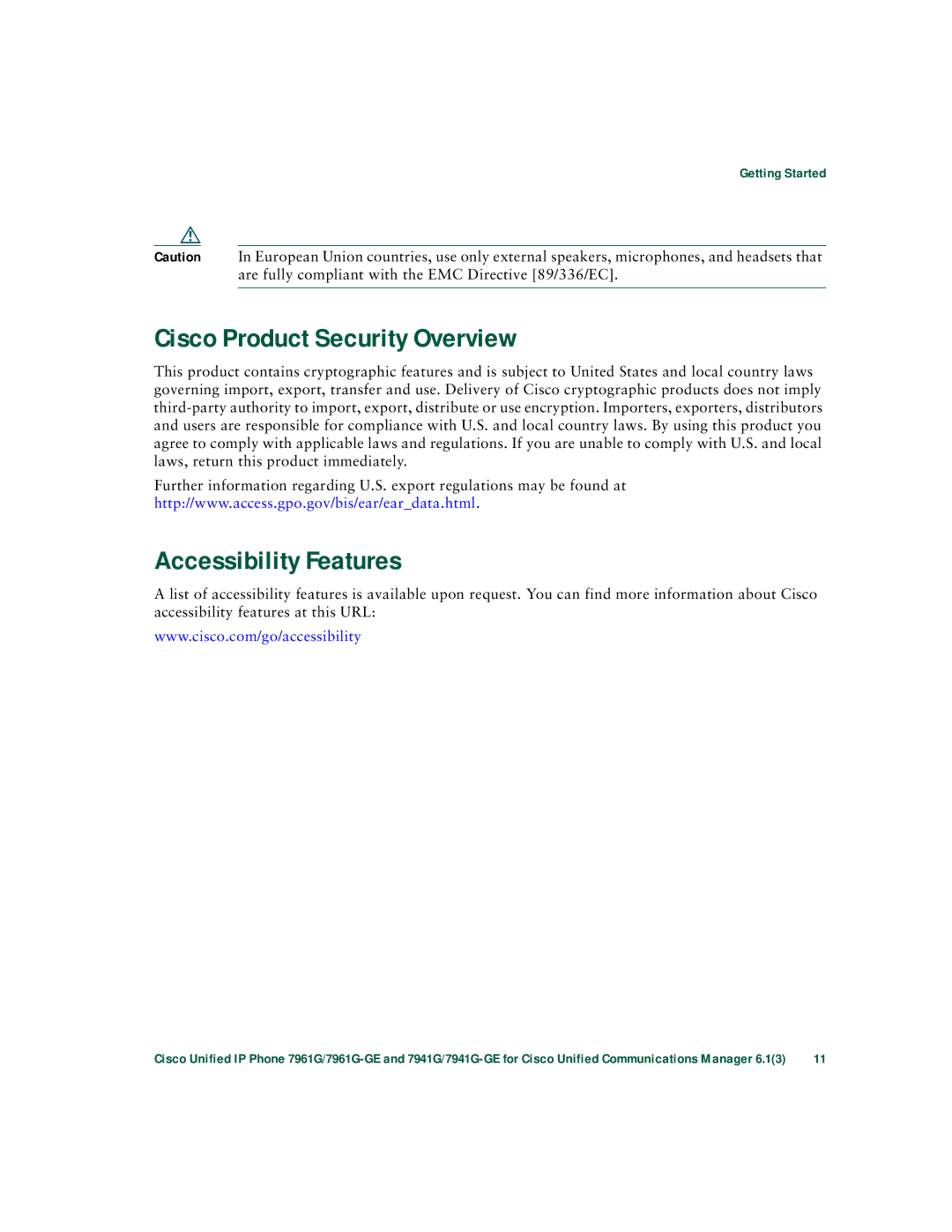 Cisco Systems 7941G/7941G-GE, 7961G/7961G-GE manual Cisco Product Security Overview, Accessibility Features 