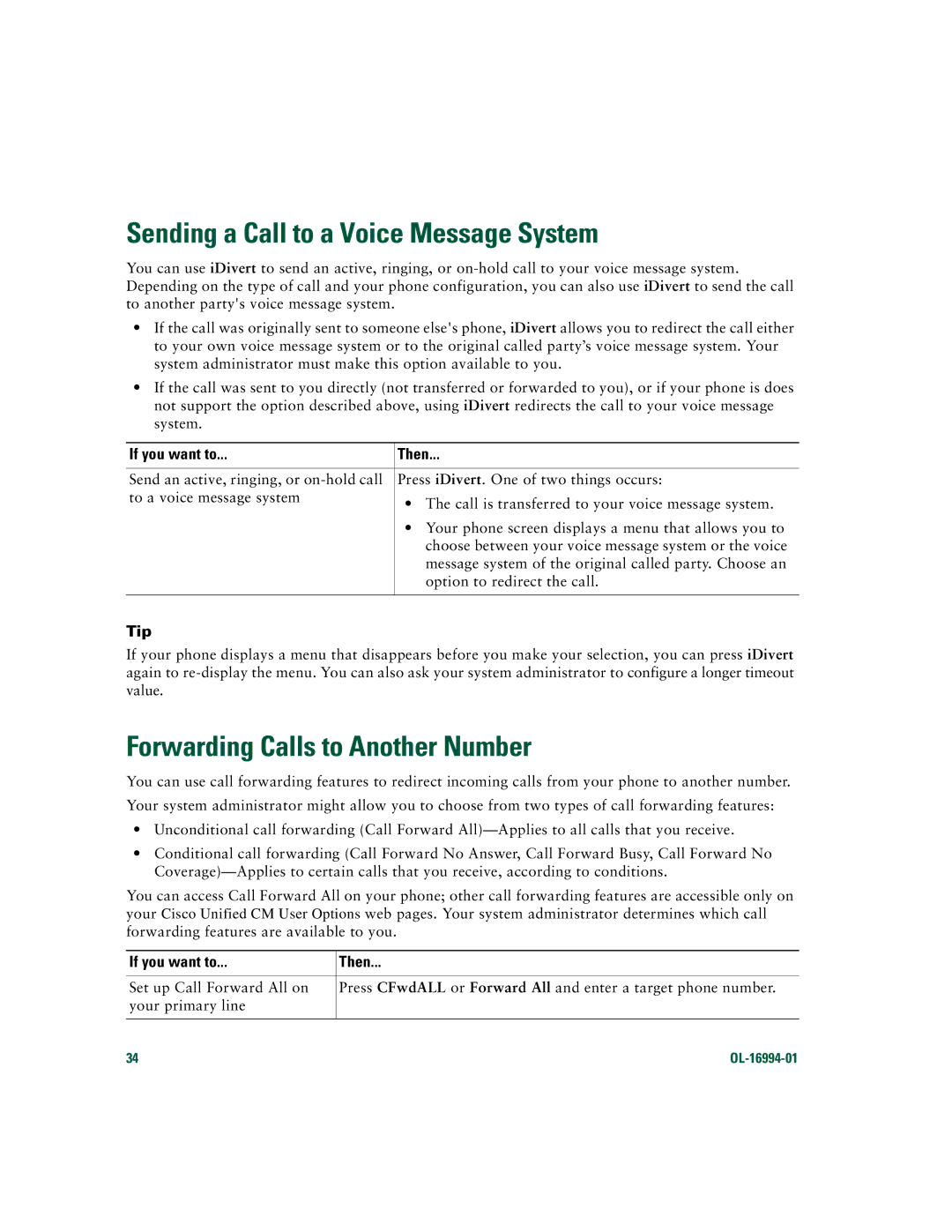 Cisco Systems 7961G/7961G-GE, 7941G/7941G-GE Sending a Call to a Voice Message System, Forwarding Calls to Another Number 