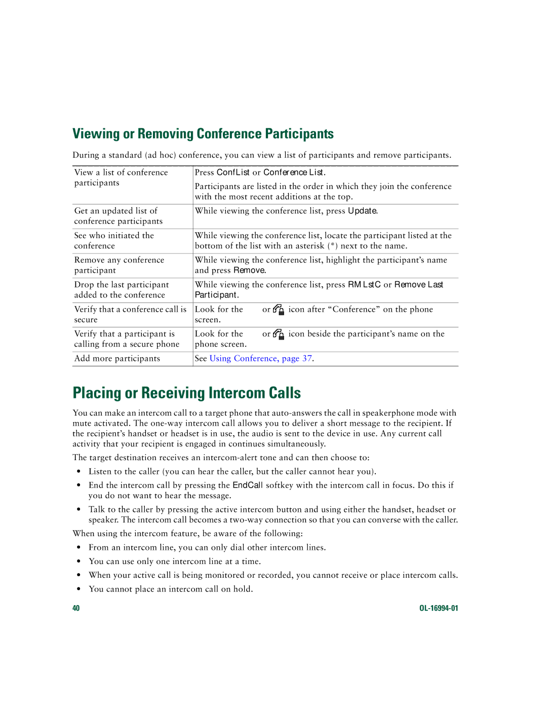 Cisco Systems 7961G/7961G-GE manual Placing or Receiving Intercom Calls, Viewing or Removing Conference Participants 