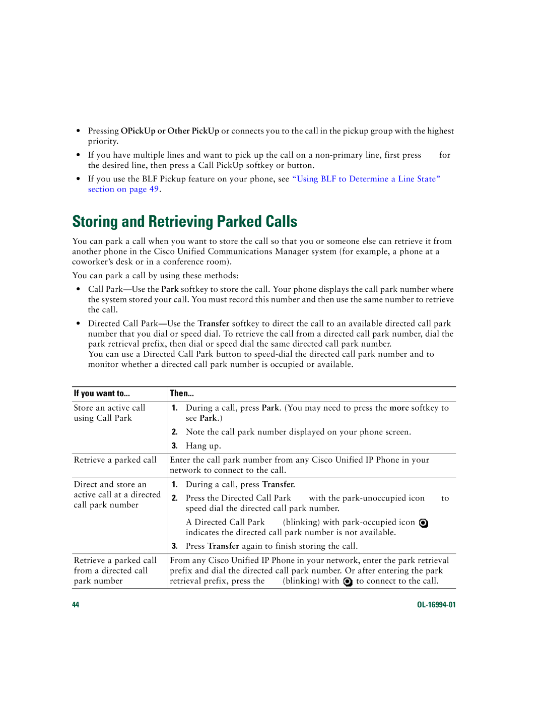 Cisco Systems 7961G/7961G-GE, 7941G/7941G-GE manual Storing and Retrieving Parked Calls 