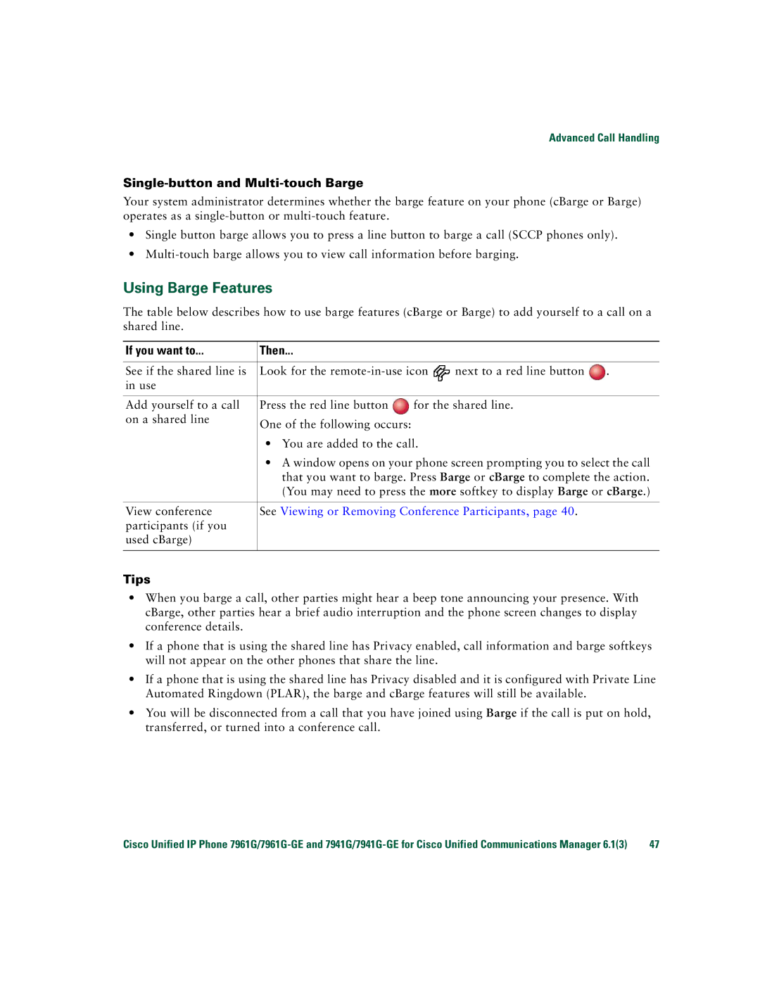 Cisco Systems 7941G/7941G-GE, 7961G/7961G-GE manual Using Barge Features, Single-button and Multi-touch Barge 