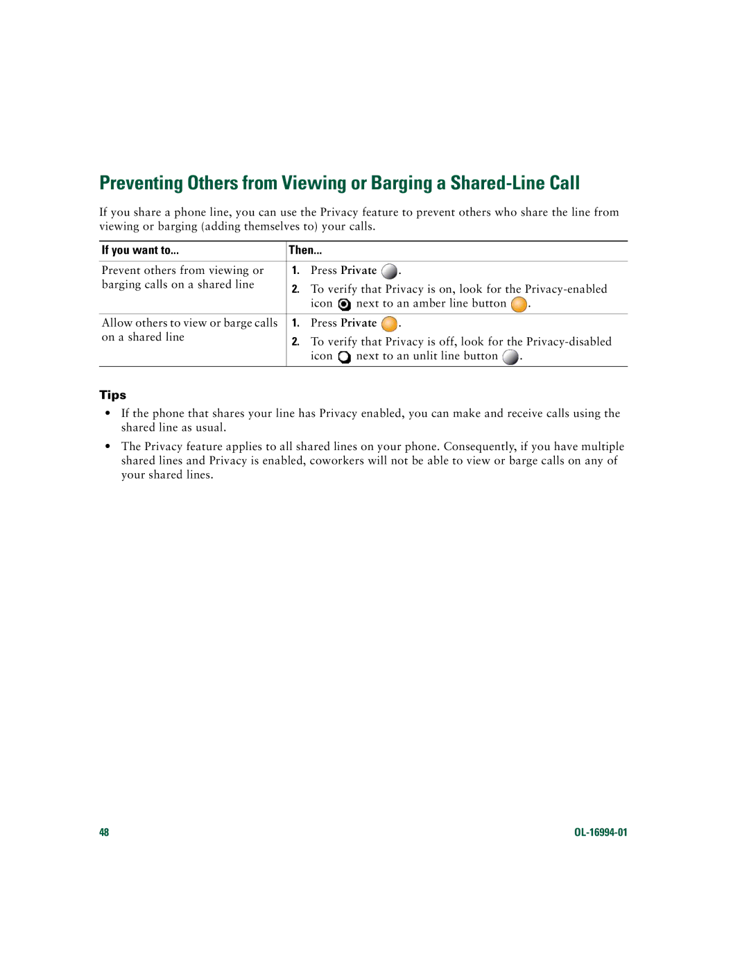 Cisco Systems 7961G/7961G-GE, 7941G/7941G-GE Preventing Others from Viewing or Barging a Shared-Line Call, Press Private 