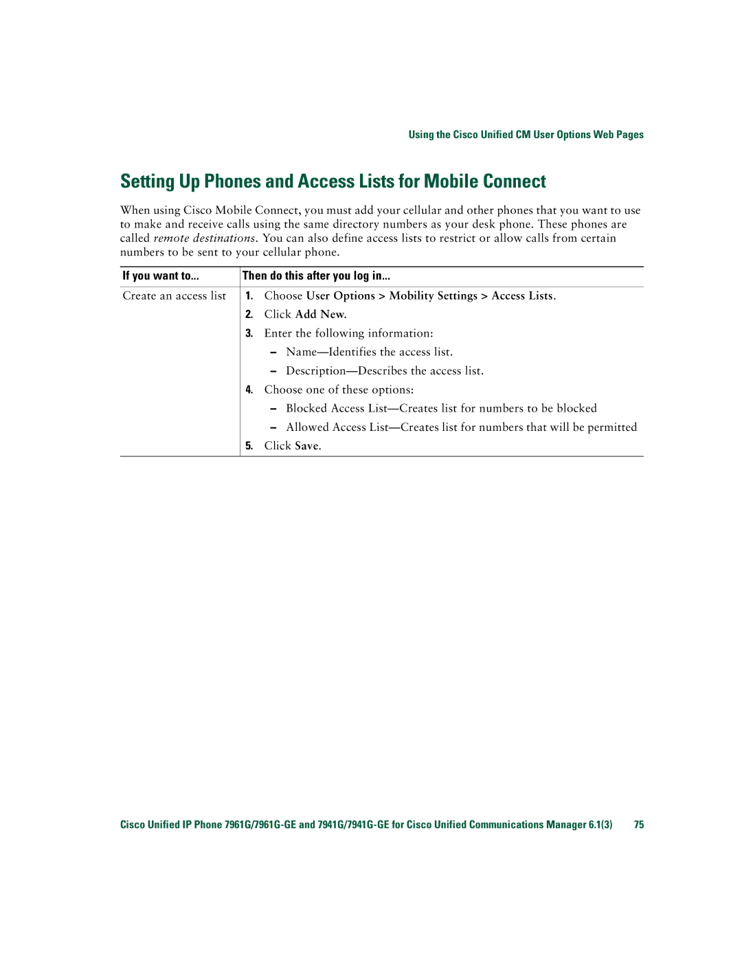 Cisco Systems 7941G/7941G-GE, 7961G/7961G-GE manual Setting Up Phones and Access Lists for Mobile Connect 