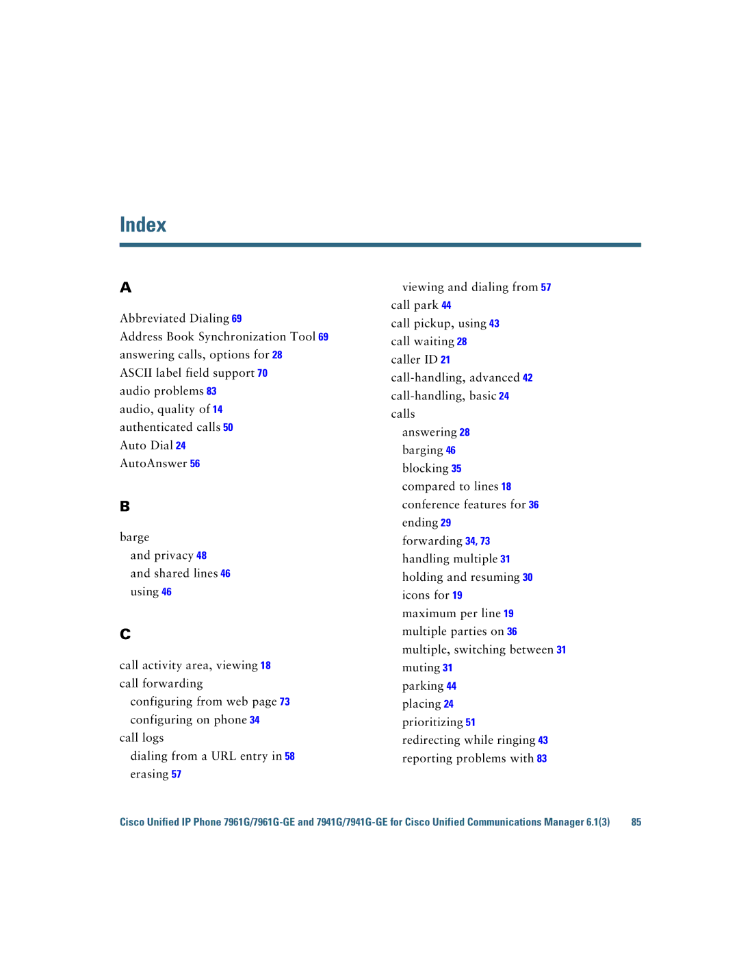 Cisco Systems 7941G/7941G-GE, 7961G/7961G-GE manual Index 