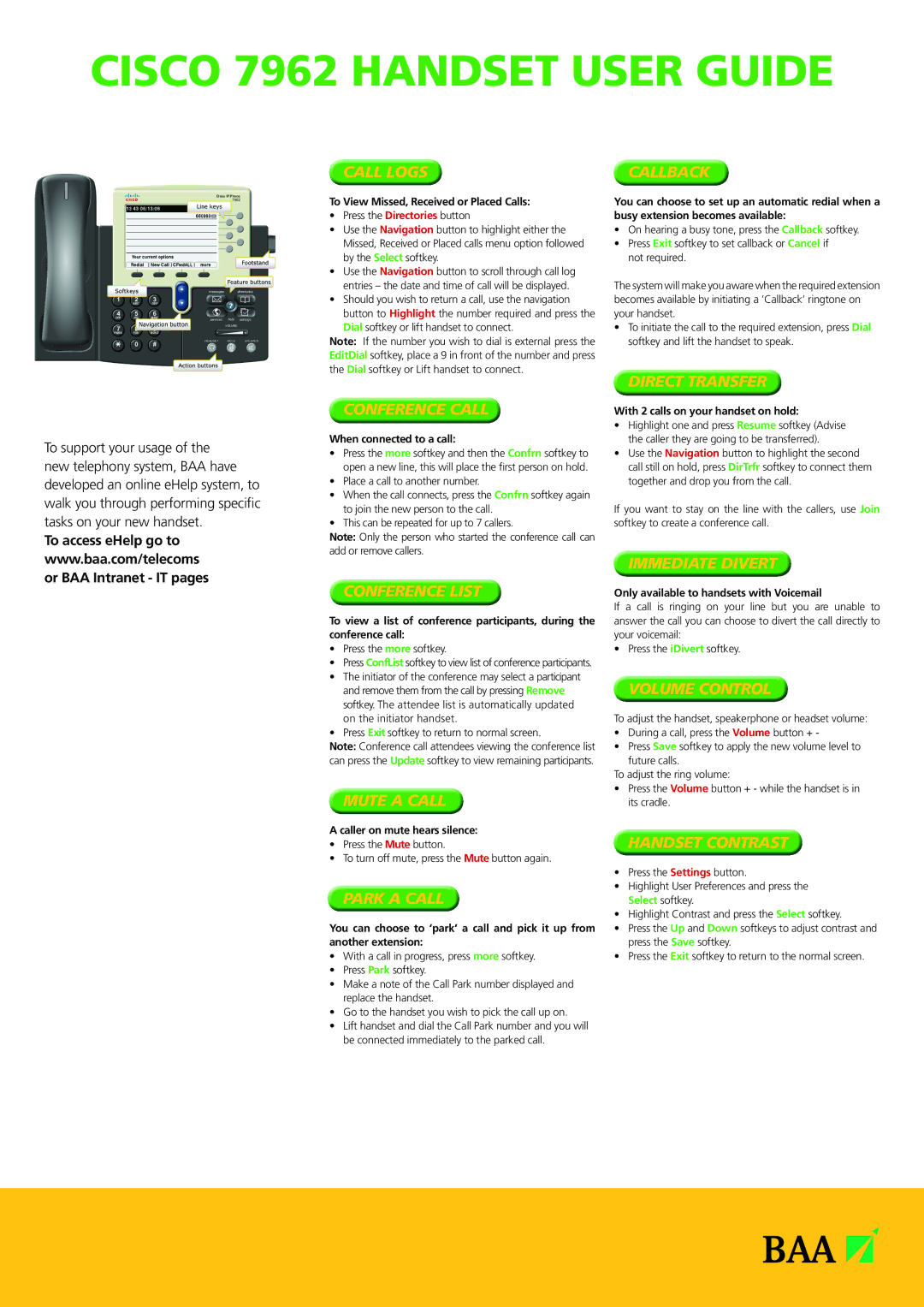 Cisco Systems 7962 manual Call Logs, Conference Call, Conference List, Mute a Call, Park a Call, Callback, Direct Transfer 