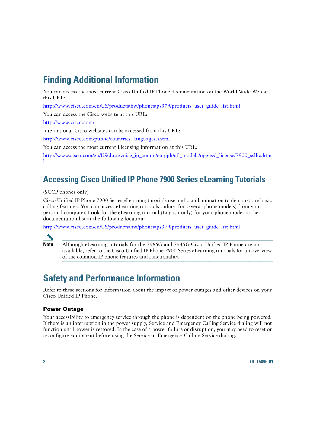 Cisco Systems 7965G, 7945G manual Finding Additional Information, Safety and Performance Information, Power Outage 