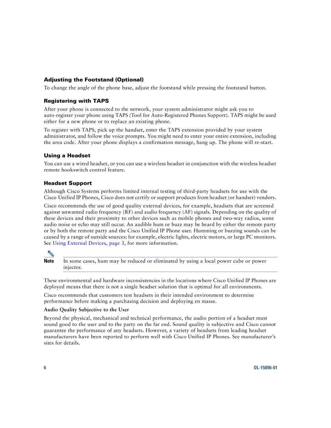 Cisco Systems 7965G, 7945G manual Adjusting the Footstand Optional, Registering with Taps, Using a Headset, Headset Support 