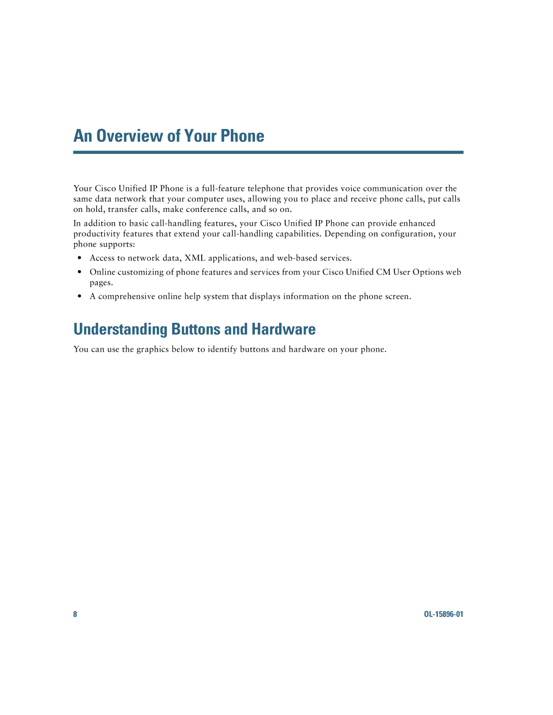 Cisco Systems 7965G, 7945G manual An Overview of Your Phone, Understanding Buttons and Hardware 