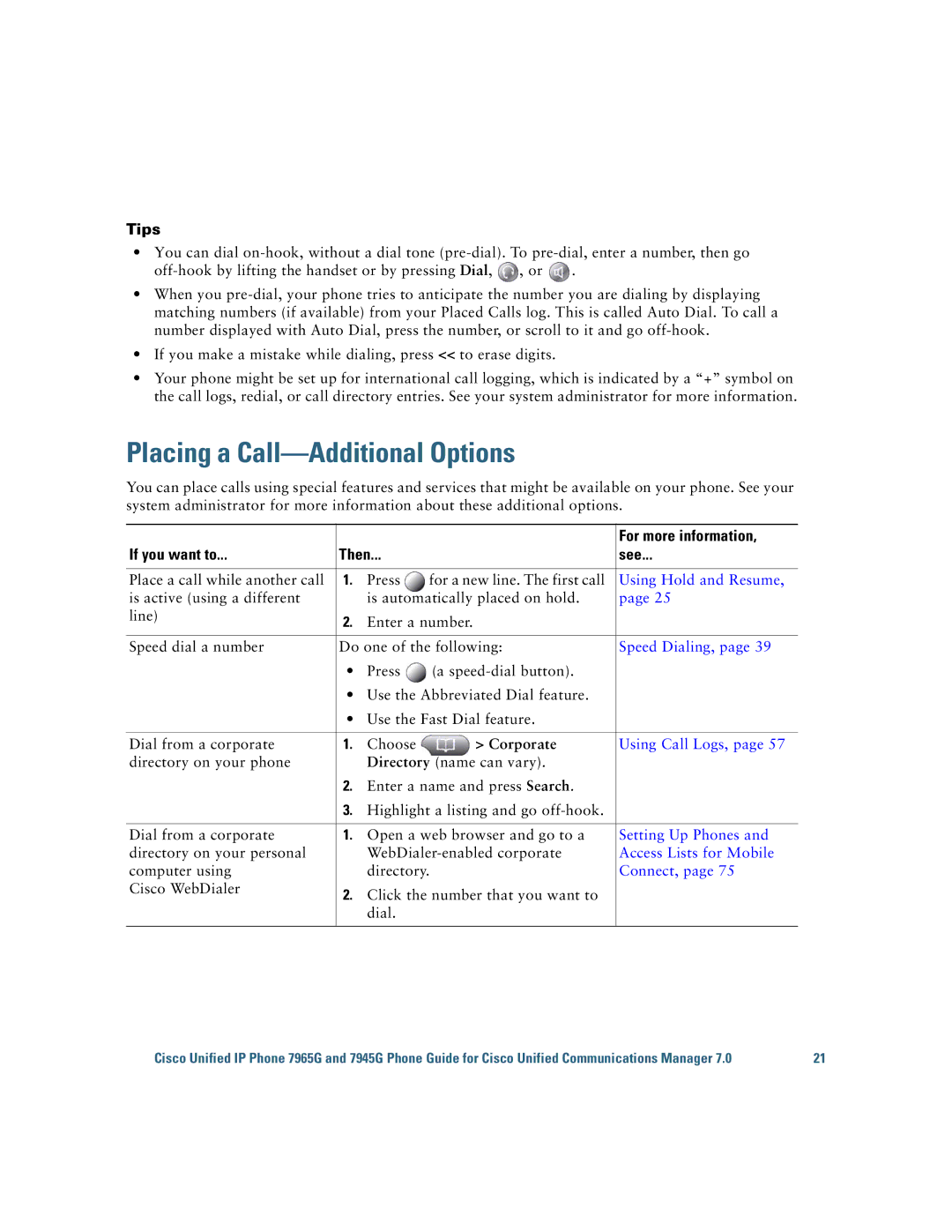 Cisco Systems 7945G, 7965G manual Placing a Call-Additional Options, Tips, Corporate 