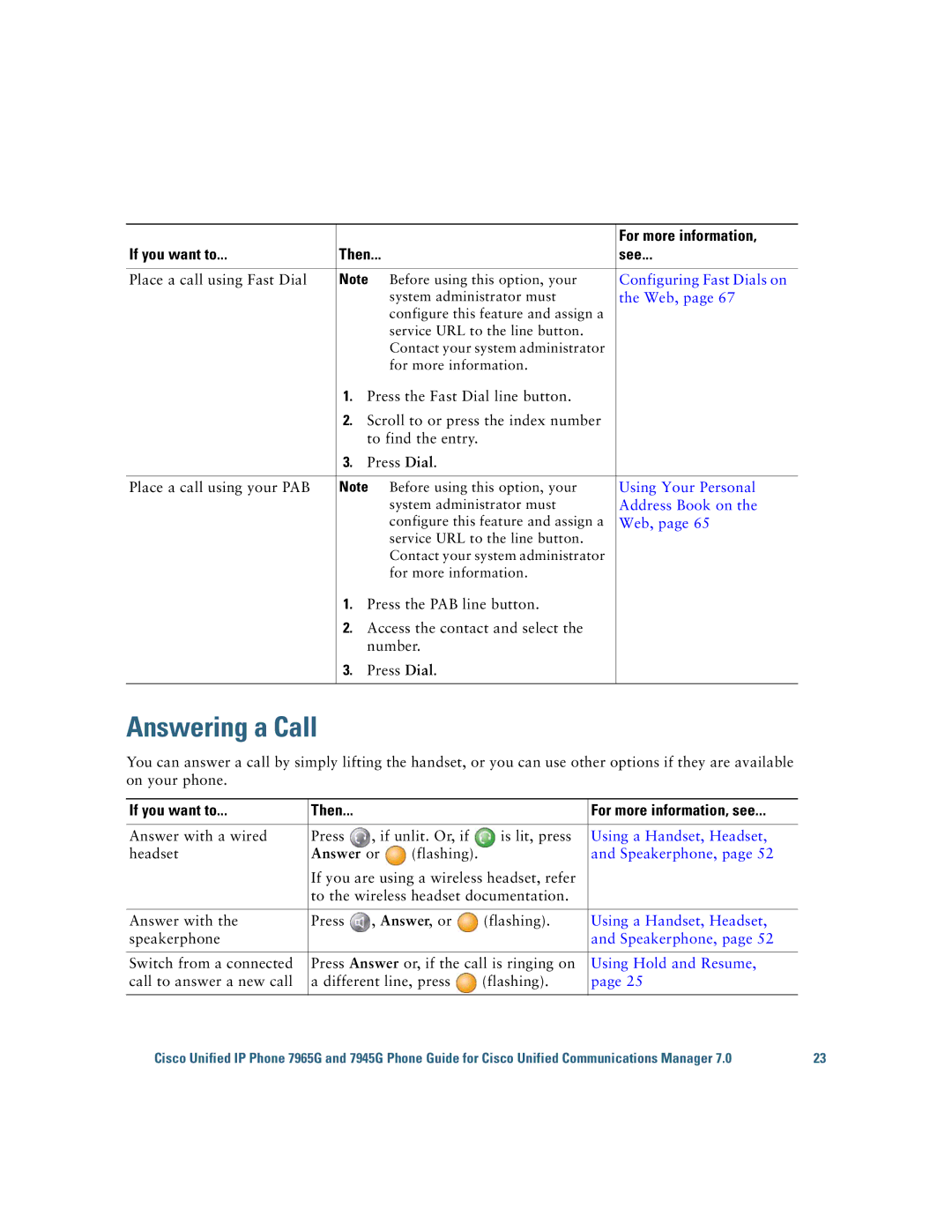 Cisco Systems 7945G, 7965G manual Answering a Call, If you want to Then For more information, see, Answer or 